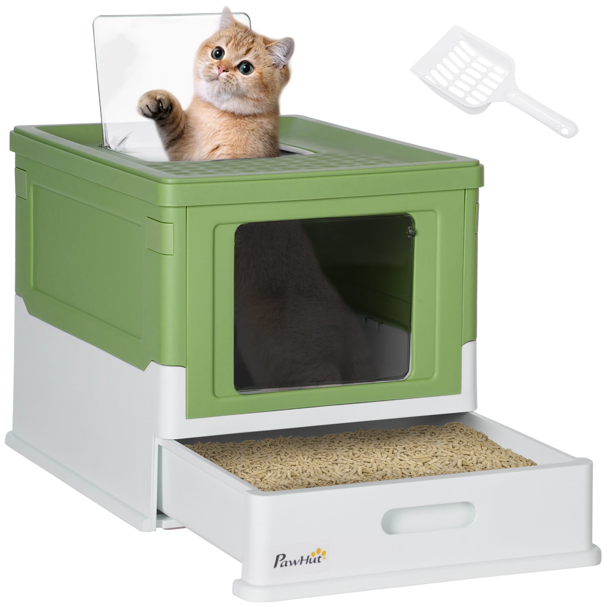PawHut D31-061V00YG Hooded Cat Litter Box Front Entry Top Exit Yellowish Green​