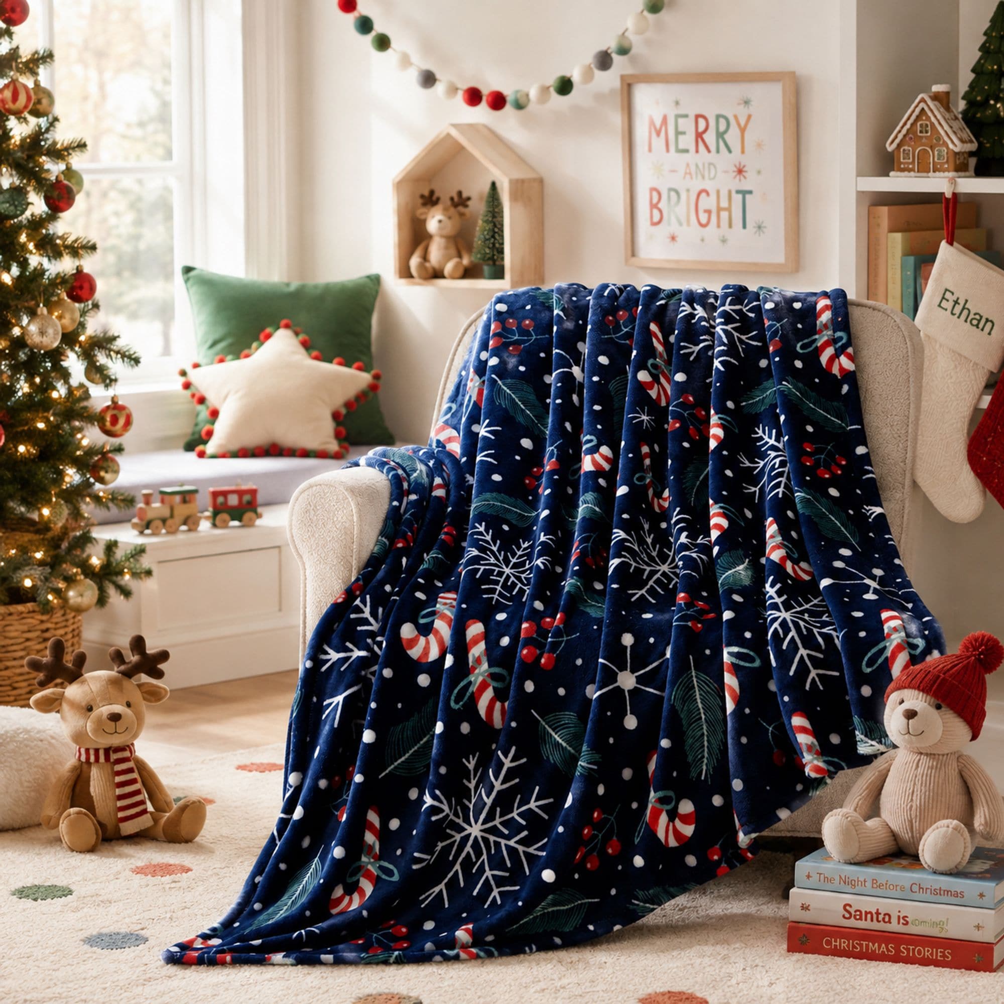 KATE AURORA Holiday Living Christmas Candy Canes and Snowflakes Navy Accent Throw Blanket 50 in W x 60 in L