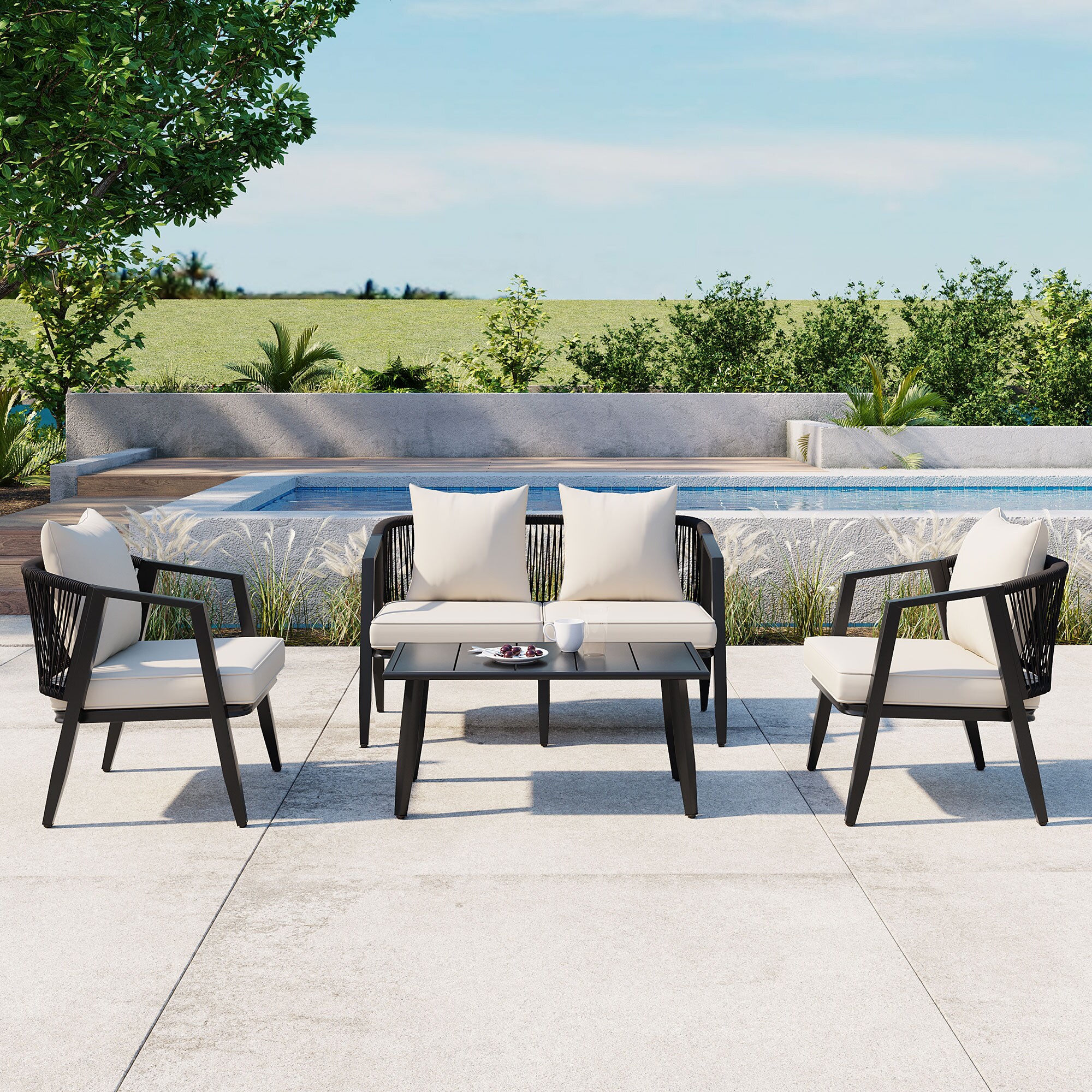 Bayfeve Patio Conversation Set 4 -Piece Patio Conversation Set with Beige Cushions Included