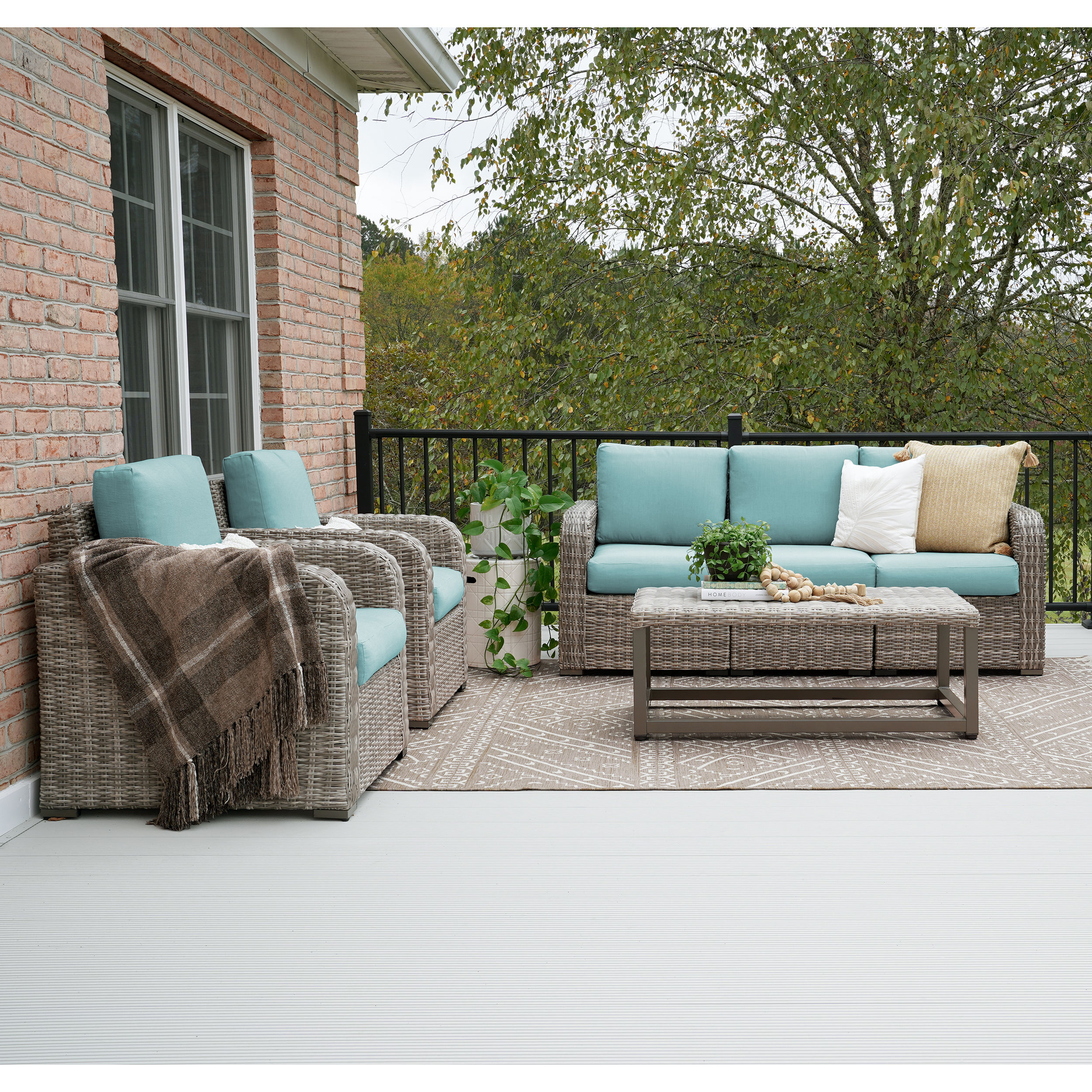 Leisure Made 471082-BLU Forsyth 6-Piece Wicker Patio Sofa Conversation Set with Blue Cushions