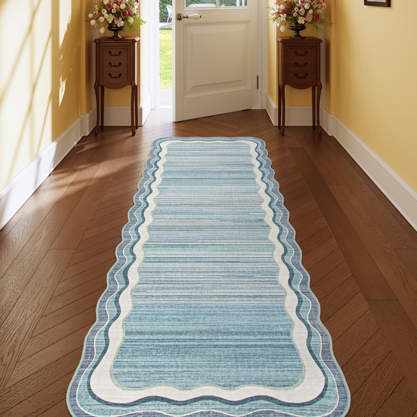 Lahome AR-DYR-227-B1 2 x 6 (ft) Blue Tribal Wave Border Short Pile Velvet Rectangular Indoor Area Rug