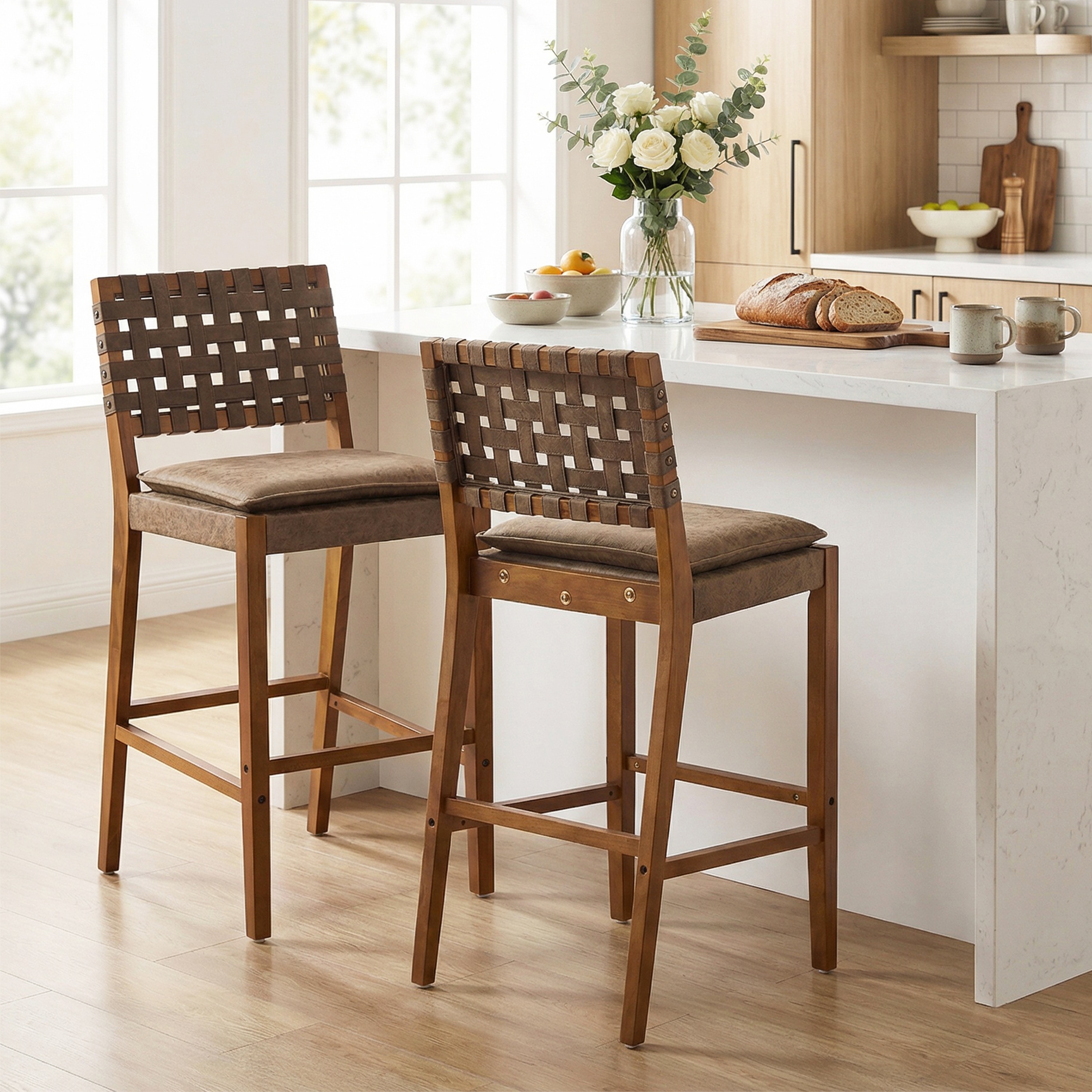 Christopher Knight Home Country Rustic 40.75 in. Walnut Finish Wood Frame Barstools with Dark Brown PU Faux Leather Cushions Set of 2