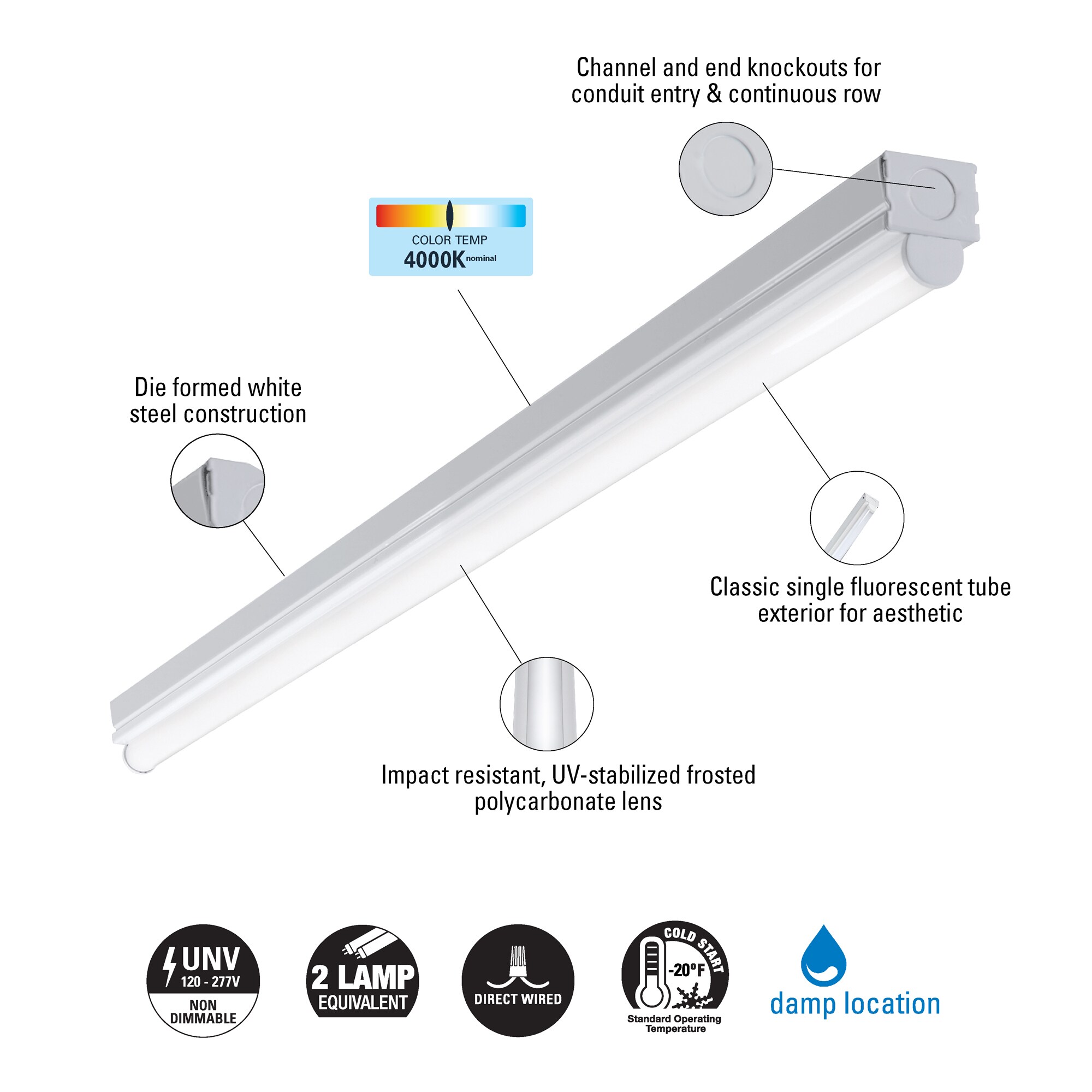 Metalux 48-Inch White LED Strip Light with Powder-Coated Finish