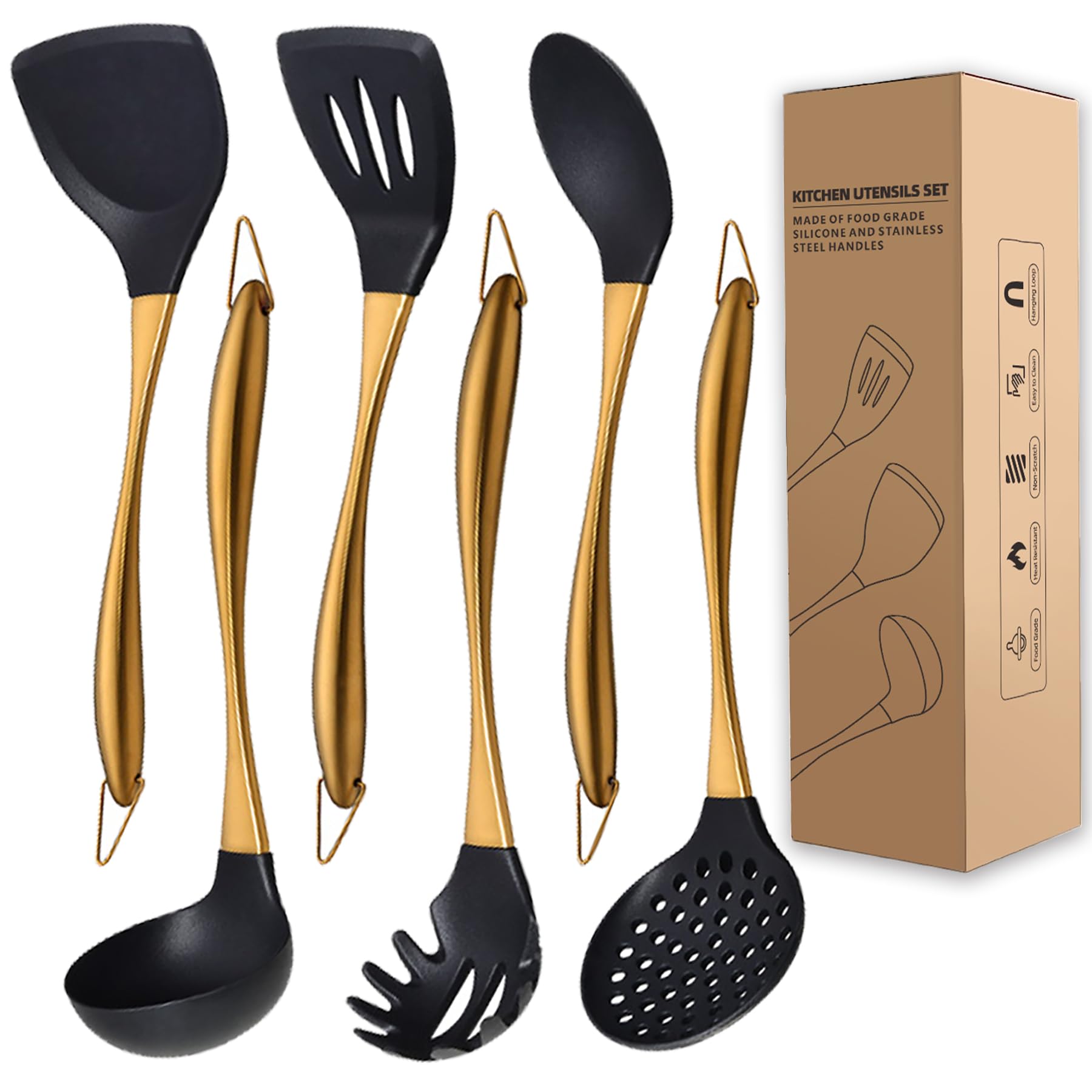 DHMHD Kitchen Utensils Set Large Nonstick Silicone Cooking Utensils Set 6 Pieces Heat Resistant Food Grade Silicone and Stainless Steel Handles #LDH0817X370