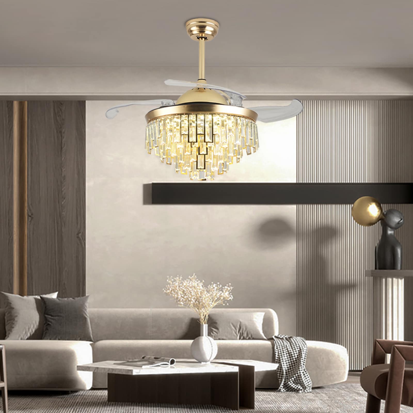42" Gold Crystal Retractable Bladeless LED Chandelier Fan