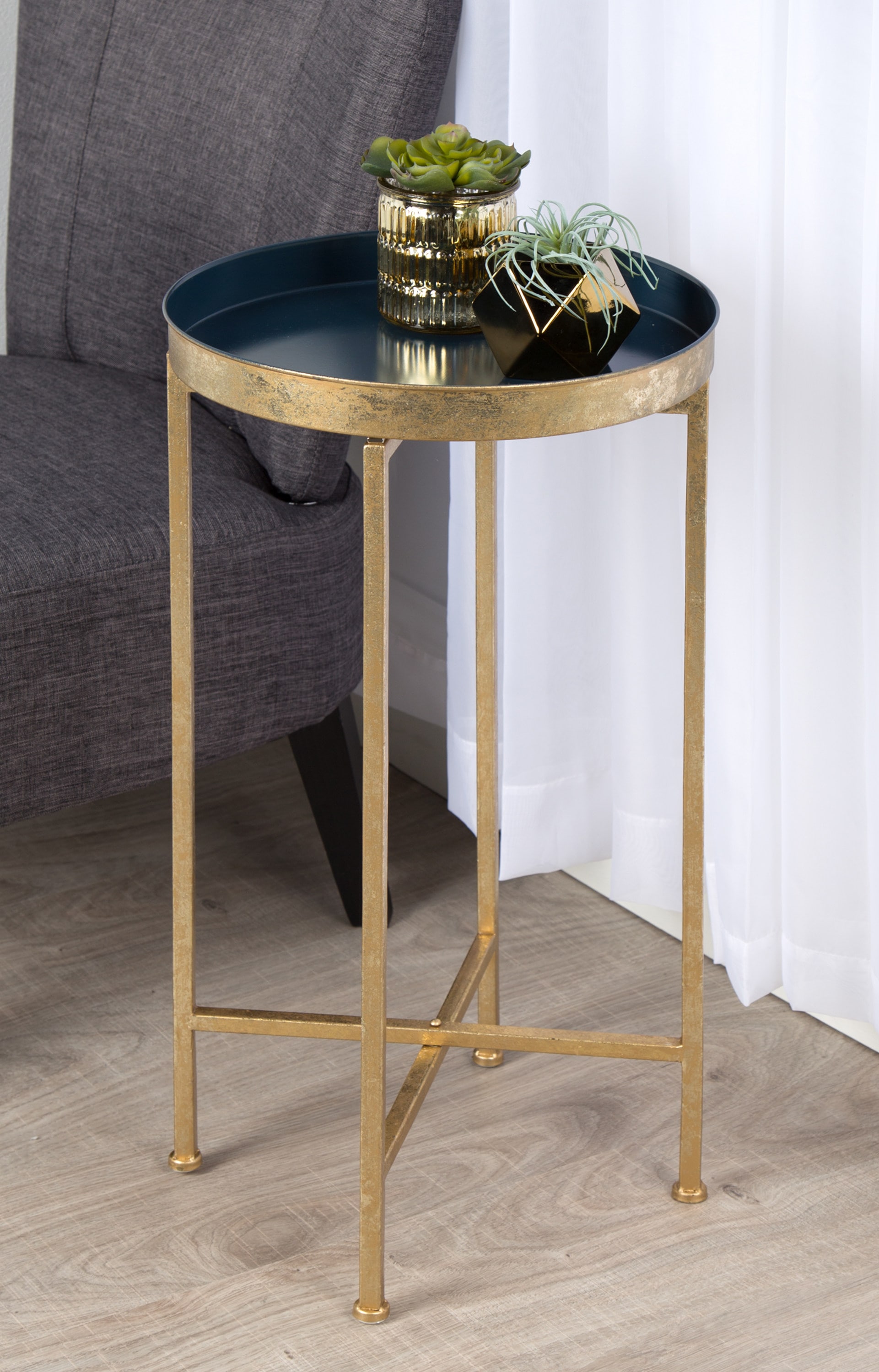 Celia Navy Blue Round Metal Foldable Tray Accent Table