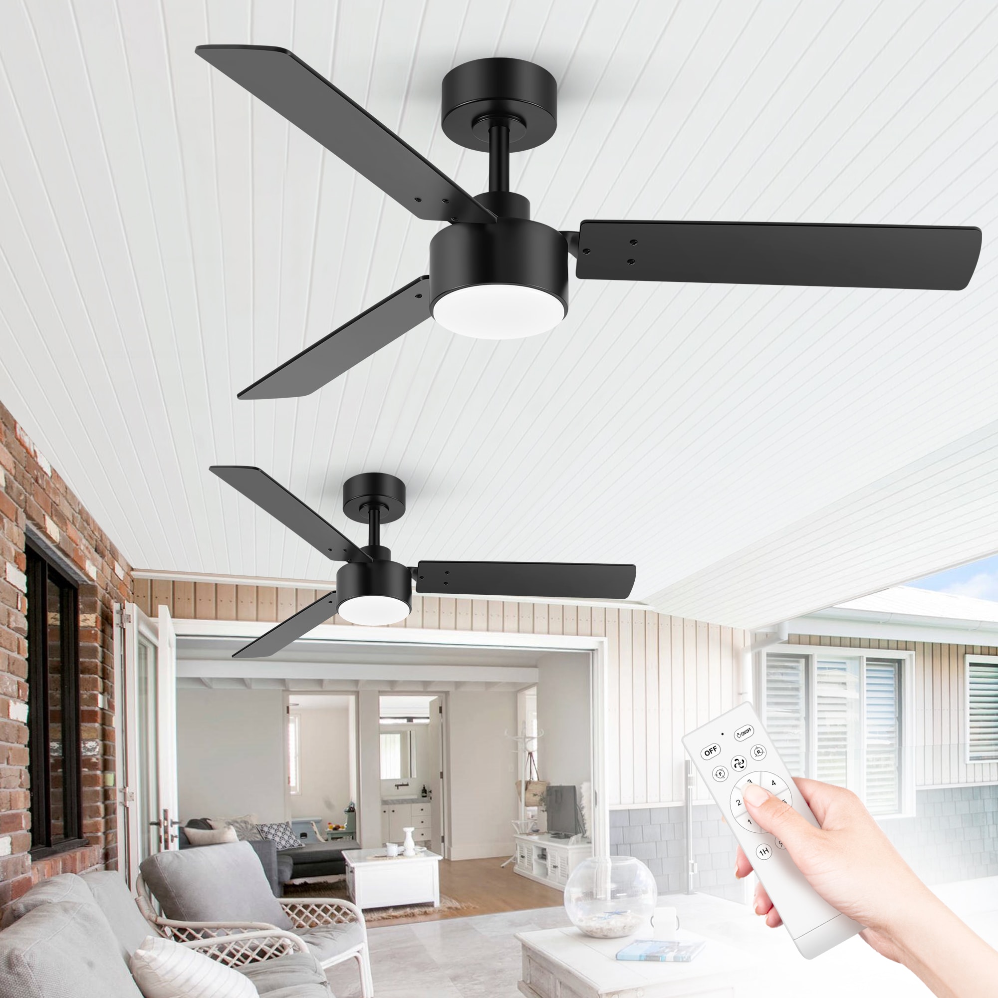 Breezary 30025-BK-2PCS 48-in Color-Changing Integrated LED Matte Black with Black Blades Propeller Ceiling Fan With Light - Remote Included ( 3 -Blade )