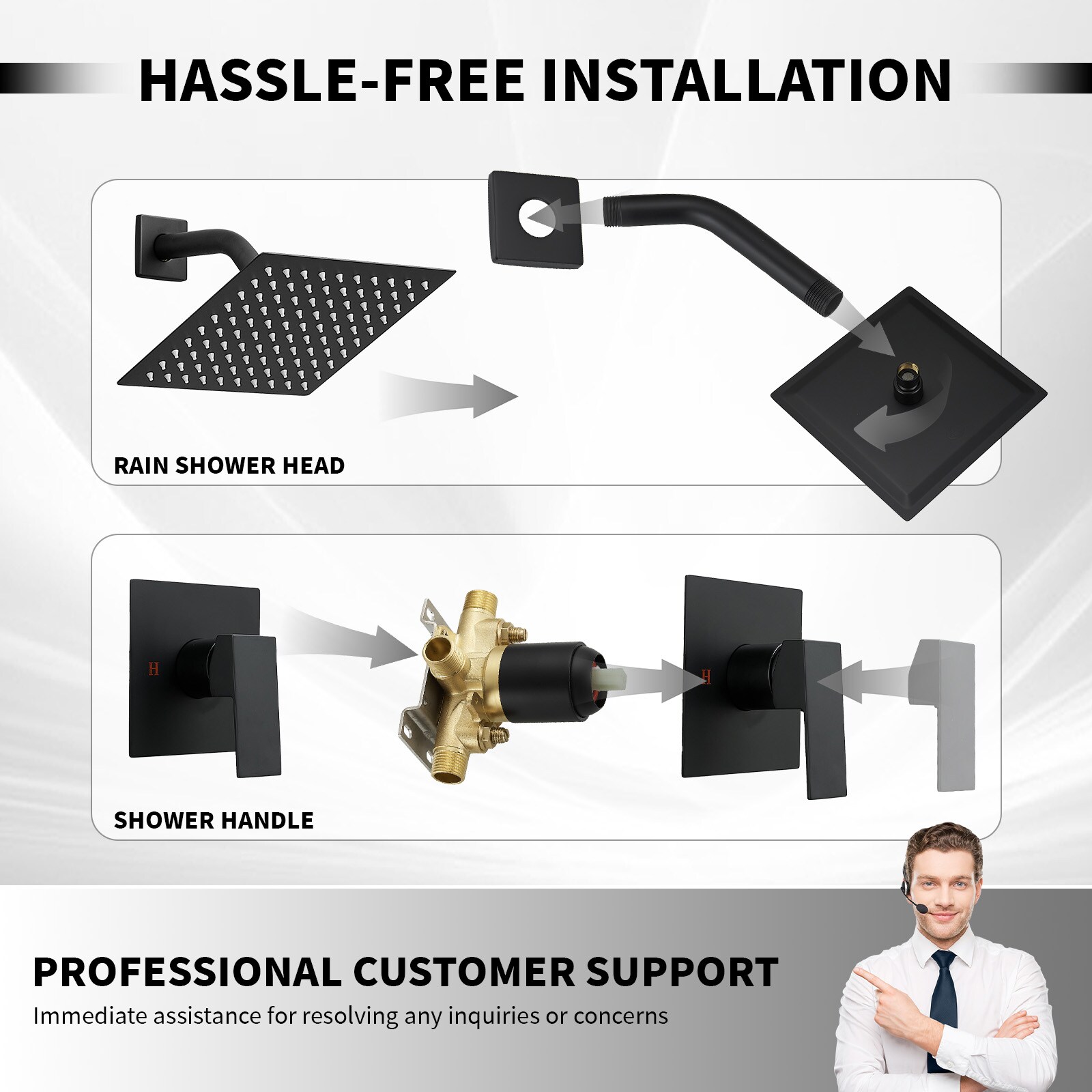 Matte Black Stainless Steel Square Rainfall Shower Faucet Set