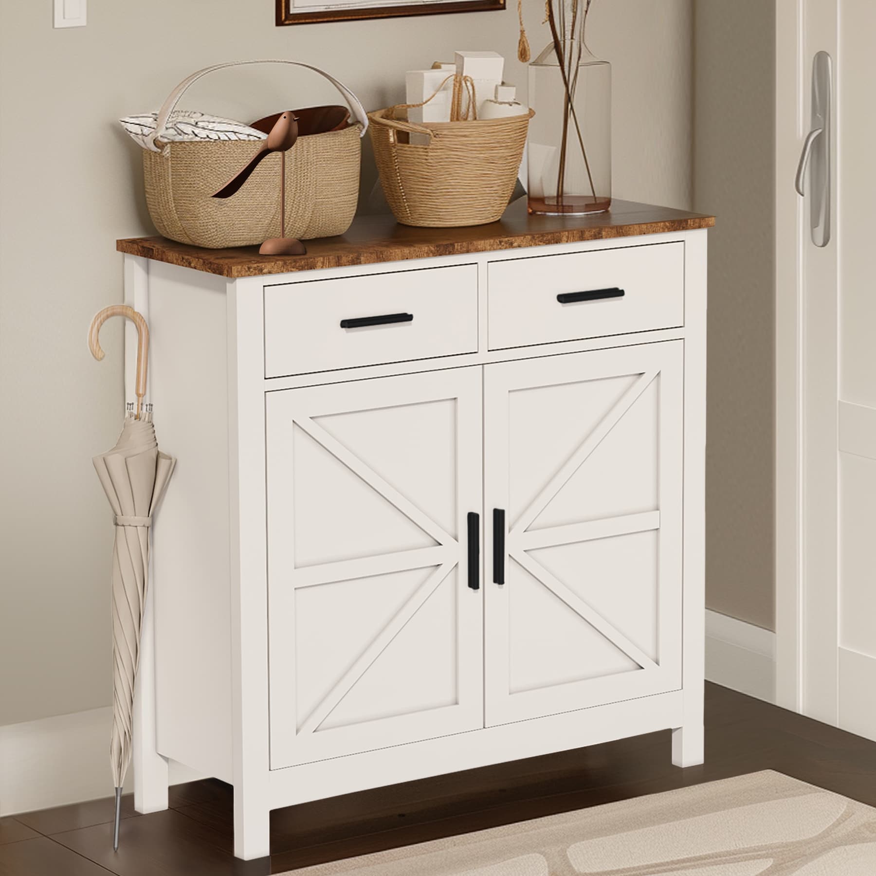 LOVMOR SF-M-W2386P207765 Kitchen Storage Cabinet Modern Farmhouse Buffet Cabinet with Storage Coffee Bar with 2 Drawers and 2 Doors Floor Sideboard Buffet for Living Room Dining Room Bathroom White