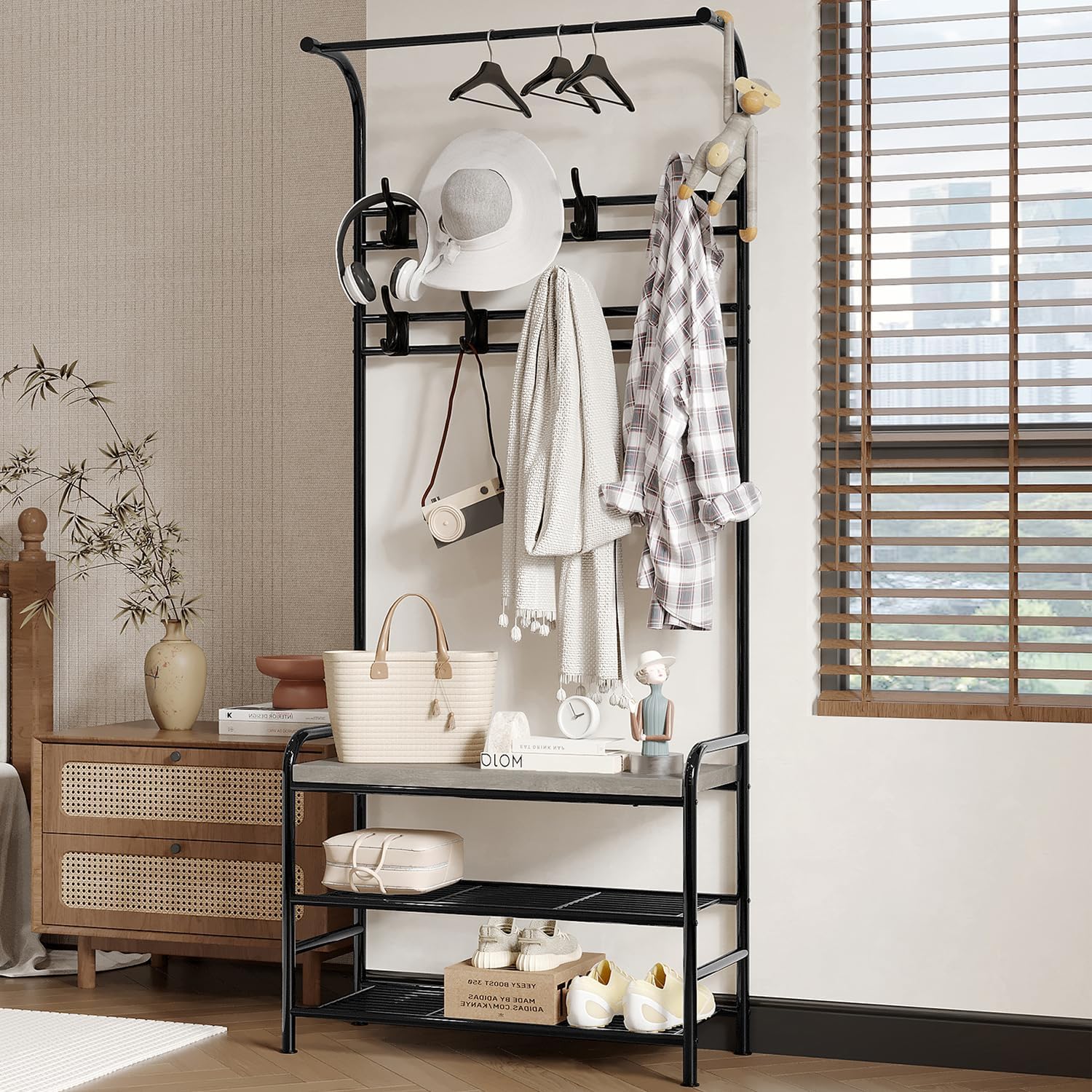 WhizMax PHO-0ZVBXK7J-KLN 70.9 Inch Tall Narrow Metal Coat Rack Wooden Shoe Bench 4 in 1 Rustic Gray Storage Shelf with 8 Hooks