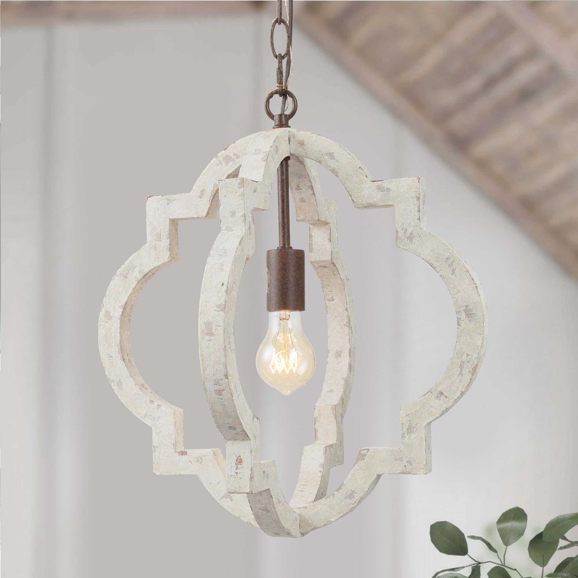LNC Q6BZI3LWS3702Q7 Timeless 1 -Light Distressed Off-white Farmhouse Wood For Use in Bedrooms, Dining Rooms, Foyers, Kitchens, Living Rooms Chandelier