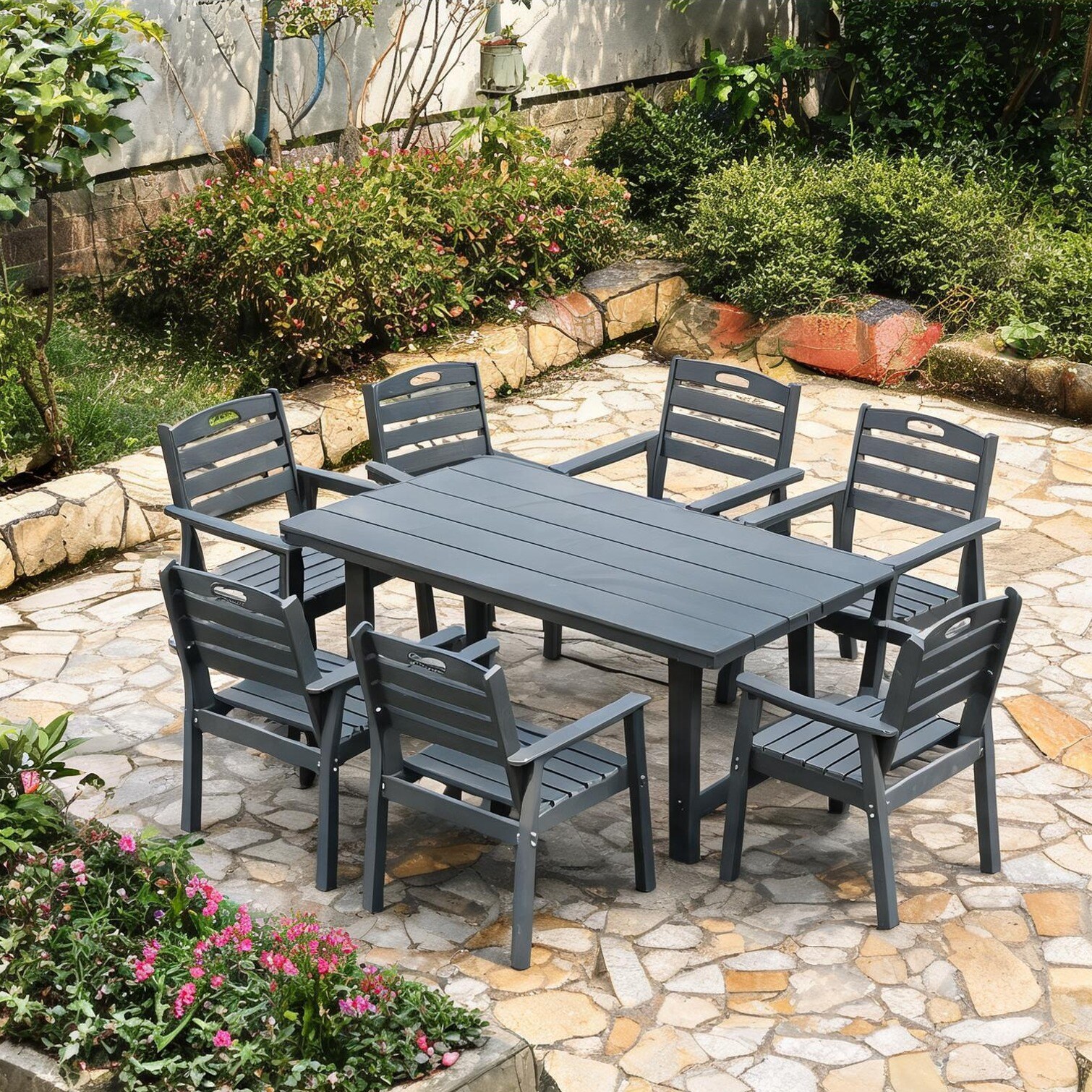 FlowLuxe Neutral gray HDPE outdoor dining set with umbrella-ready table ...