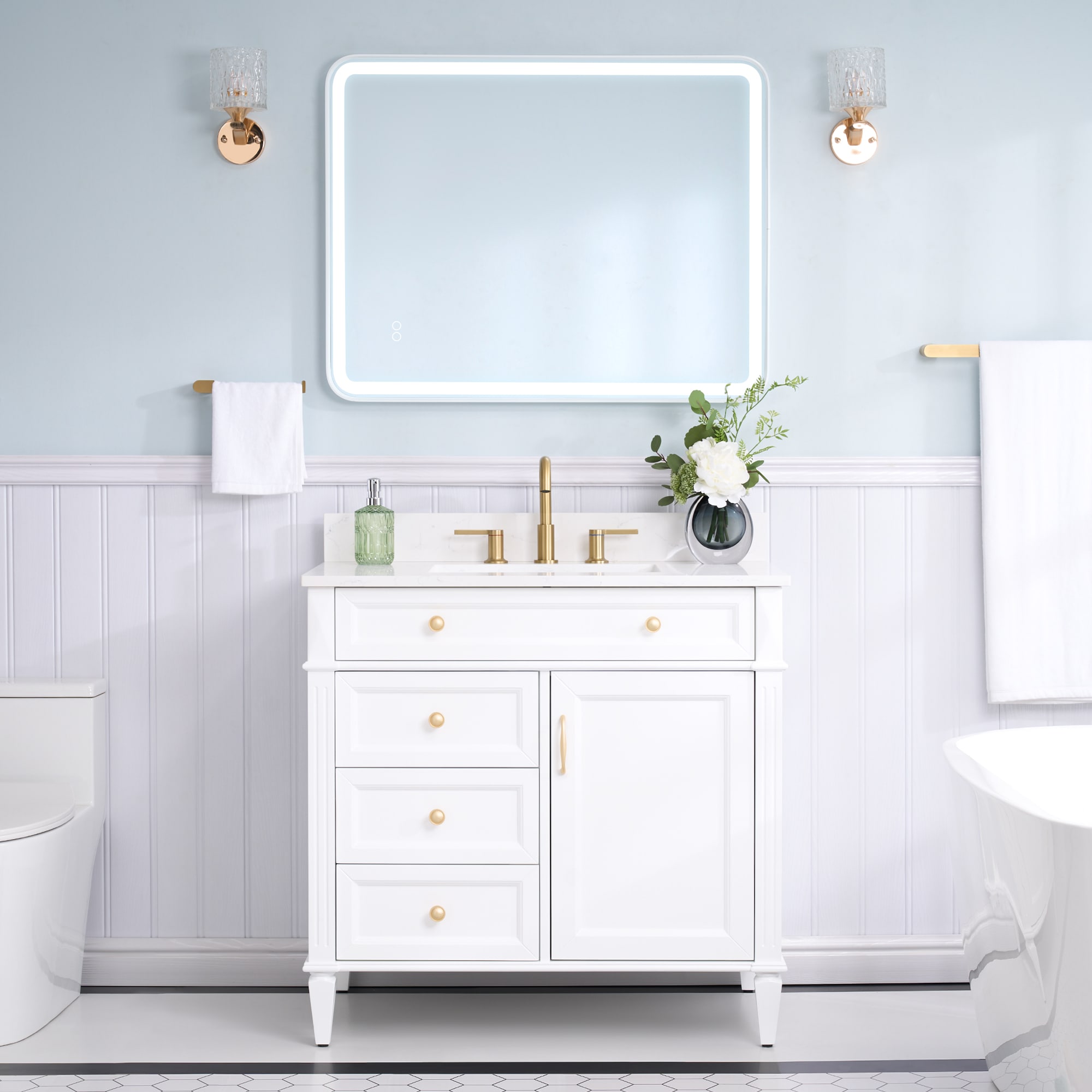 WELLFOR ELISA36QZ-WT ELISA Solid Wood Bathroom Vanities with Top 36-in White Undermount Single Sink Bathroom Vanity with Carrera White Quartz Top