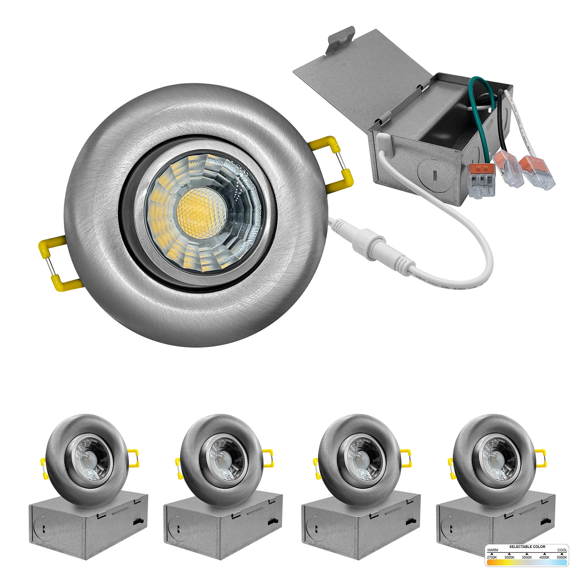 NUWATT NW-GMB-3-5CT-N-R-4P Adjustable Lens Gimbal Lights Silver 3-in 600 -Lumens Switchable white Round Dimmable LED Canless Wet rated Recessed Downlight 4 -Pack