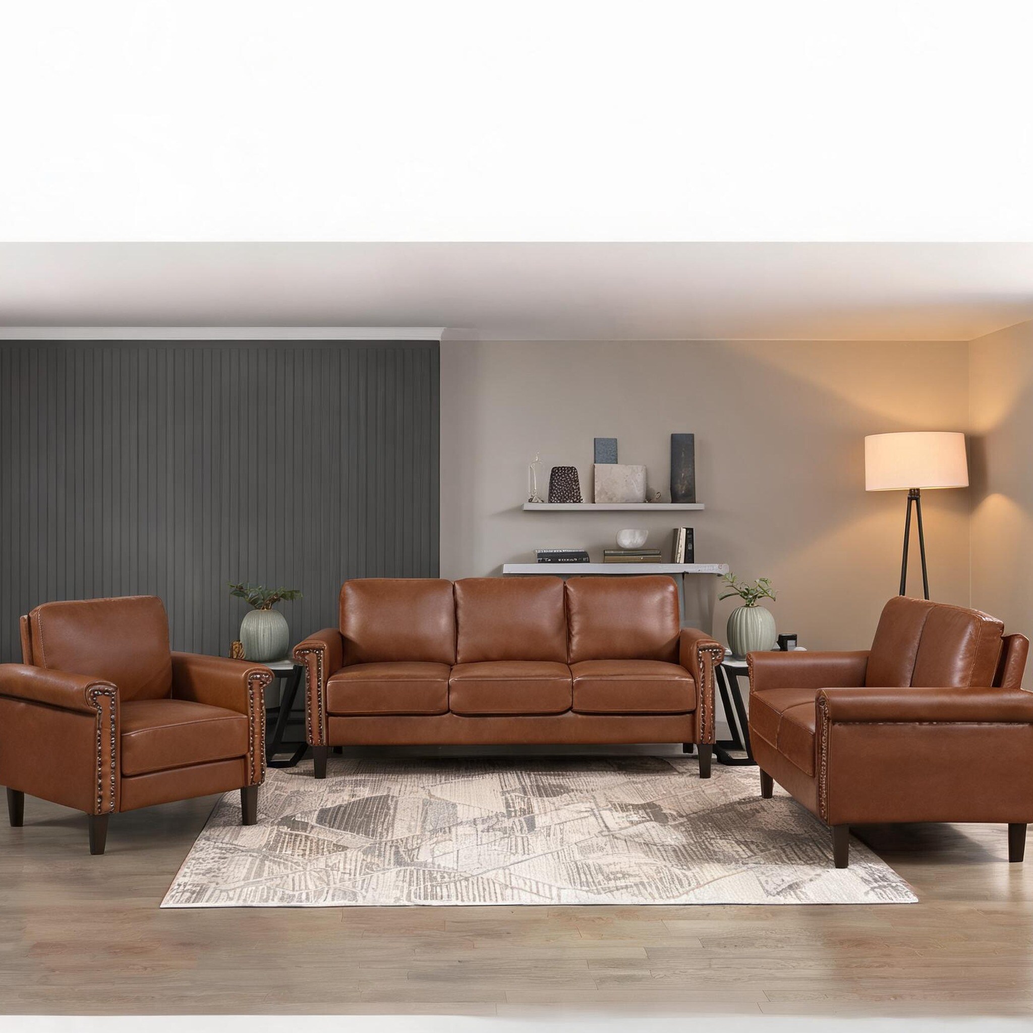 Naturefalls Traditional Living Room Sofa Set 3-Piece Sofa Loveseat and Chair with Faux Leather Upholstery and Nailhead Trim in the Couches, Sofas & Loveseats department at