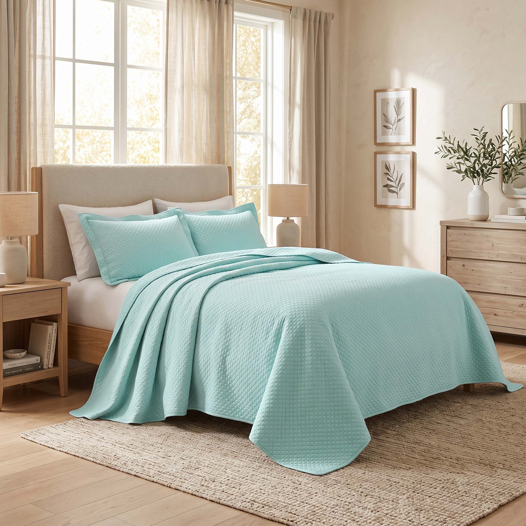 Superior Aqua Geometric Twin Bedspread Cotton