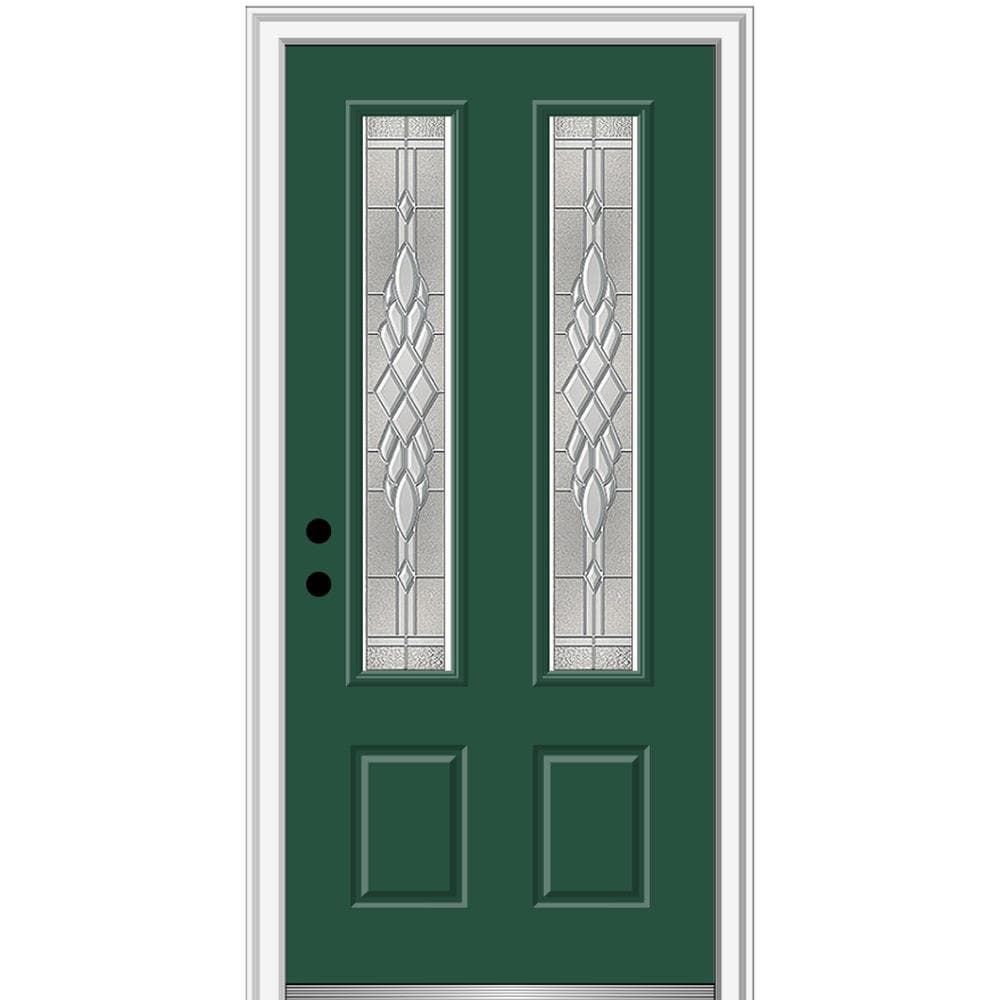 MMI DOOR ZZ3667423R 36-in x 80-in x 6-9/16-in Fiberglass Twin lite Right-hand inswing Hunter Green Painted Prehung Front Door with Brickmould Insulating core