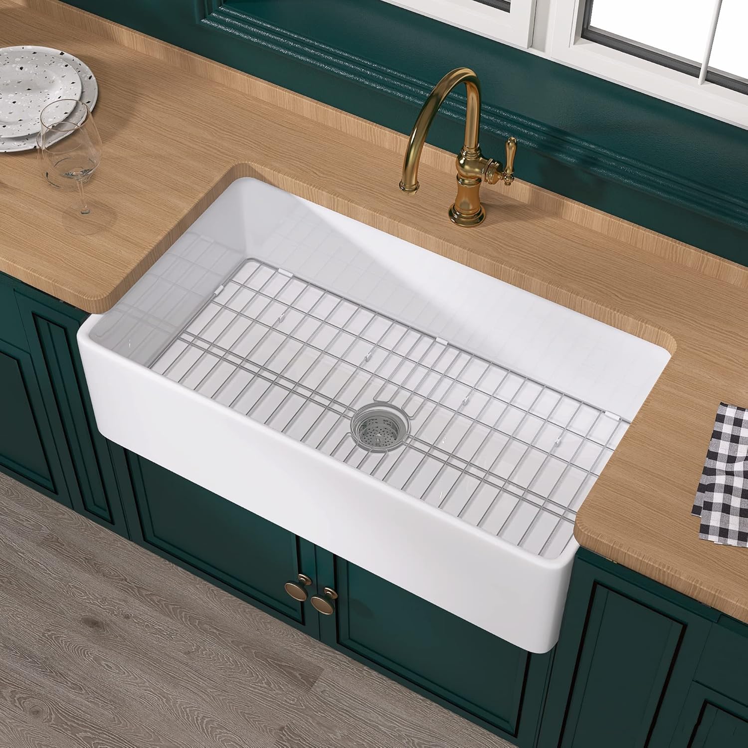 Miuara  Farmhouse apron front 36-in x 20-in Extra large Single bowl Fireclay Kitchen Sink White Reversible