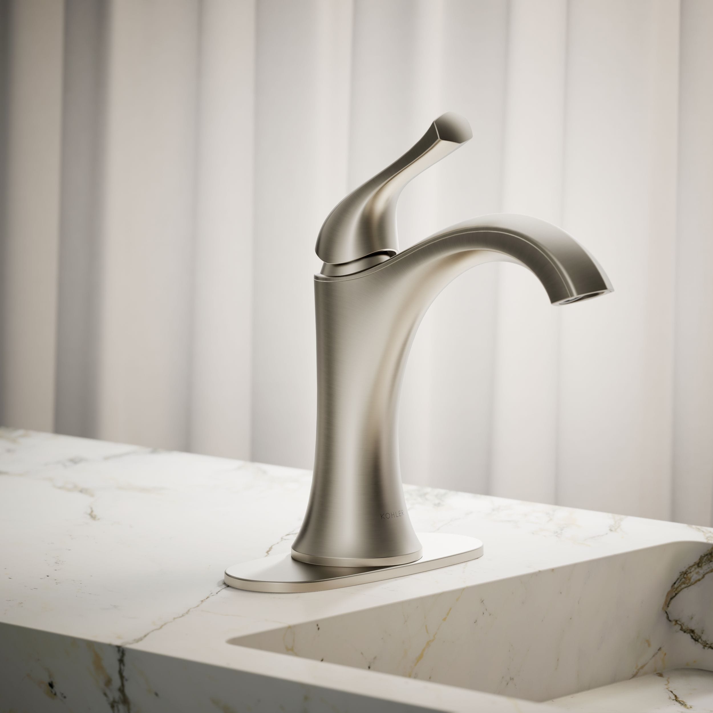 KOHLER R27211-4D-BN Desette Brushed Nickel 4-in centerset 1-handle WaterSense High-arc Residential Handle Bathroom Sink Faucet with Drain with Deck Plate