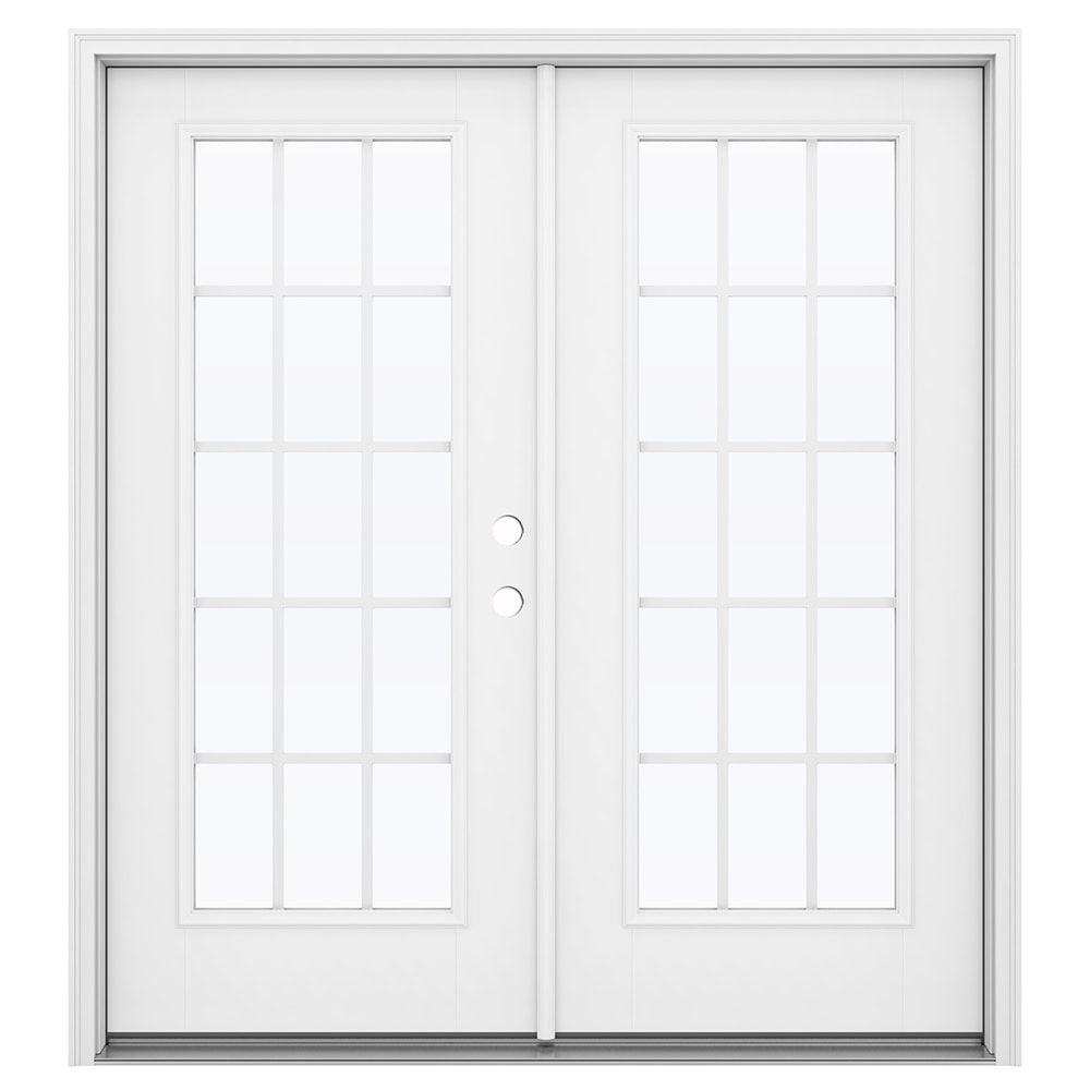 JELD-WEN LOWOLJW184100139 F-3500 72-in x 80-in x 4-9/16-in Jamb Low-E Grilles between the glass , Primed Fiberglass Left-hand inswing French Double Patio Door Brickmould Included