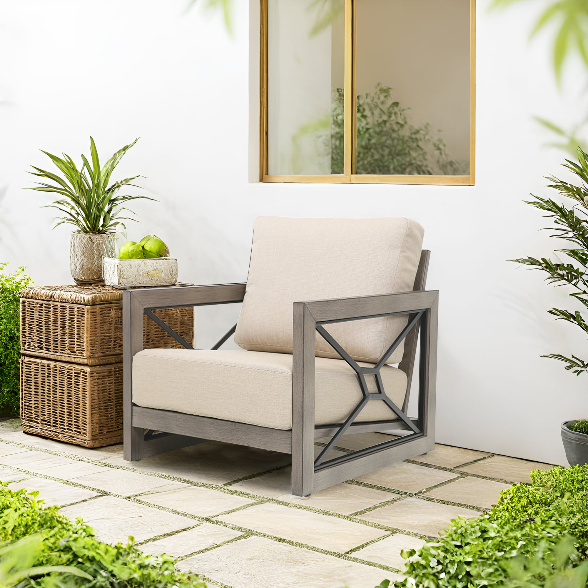 PEAK HOME FURNISHINGS 970450 Outdoor Club Chair Outdoor Sofa with Beige Cushions and Aluminum Frame