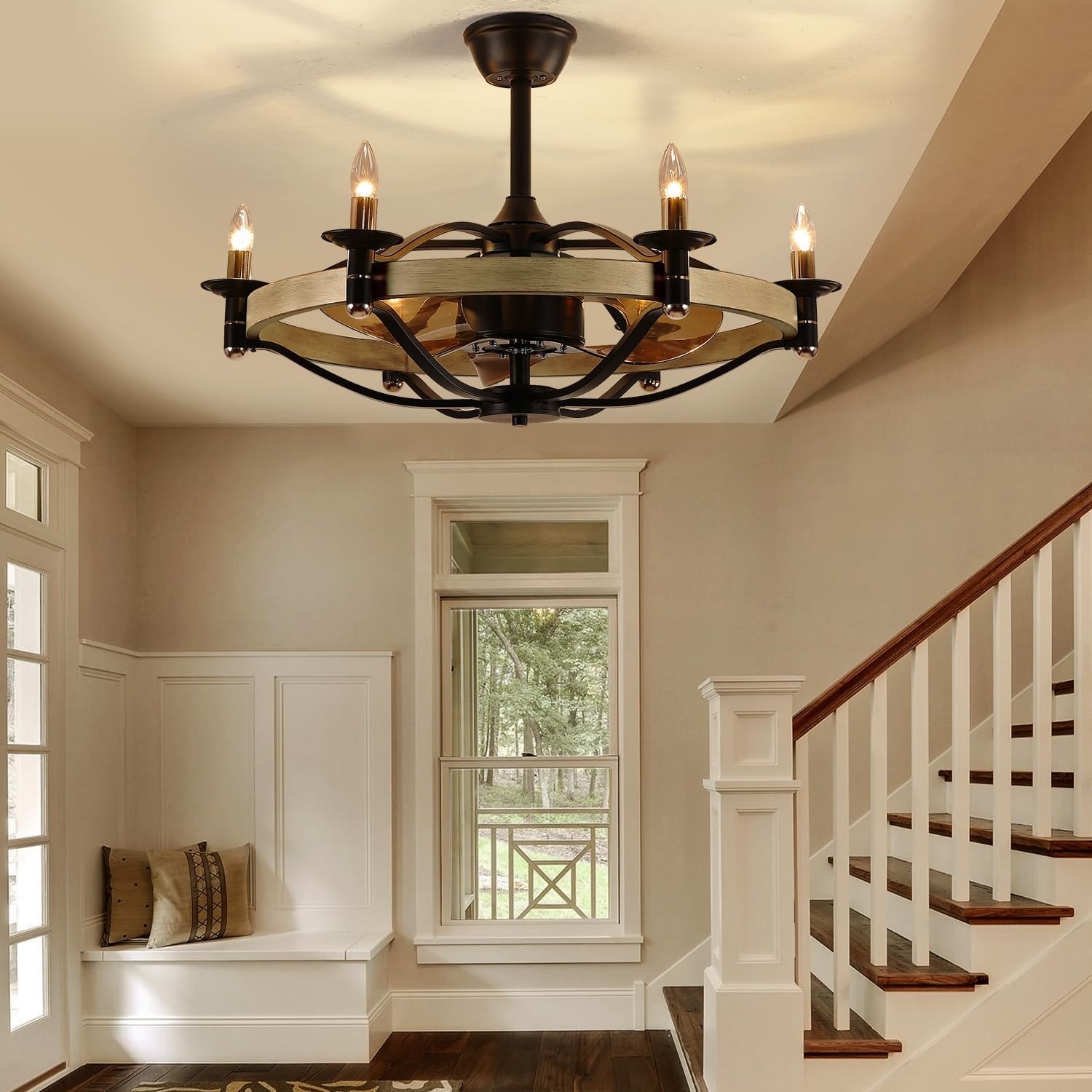 Gleam Flare 32 inch Indoor Black Farmhouse Candle Ceiling Fan with Light and Remote E12 Bulb Type and Remote for Bedroom Dining Room Kitchen