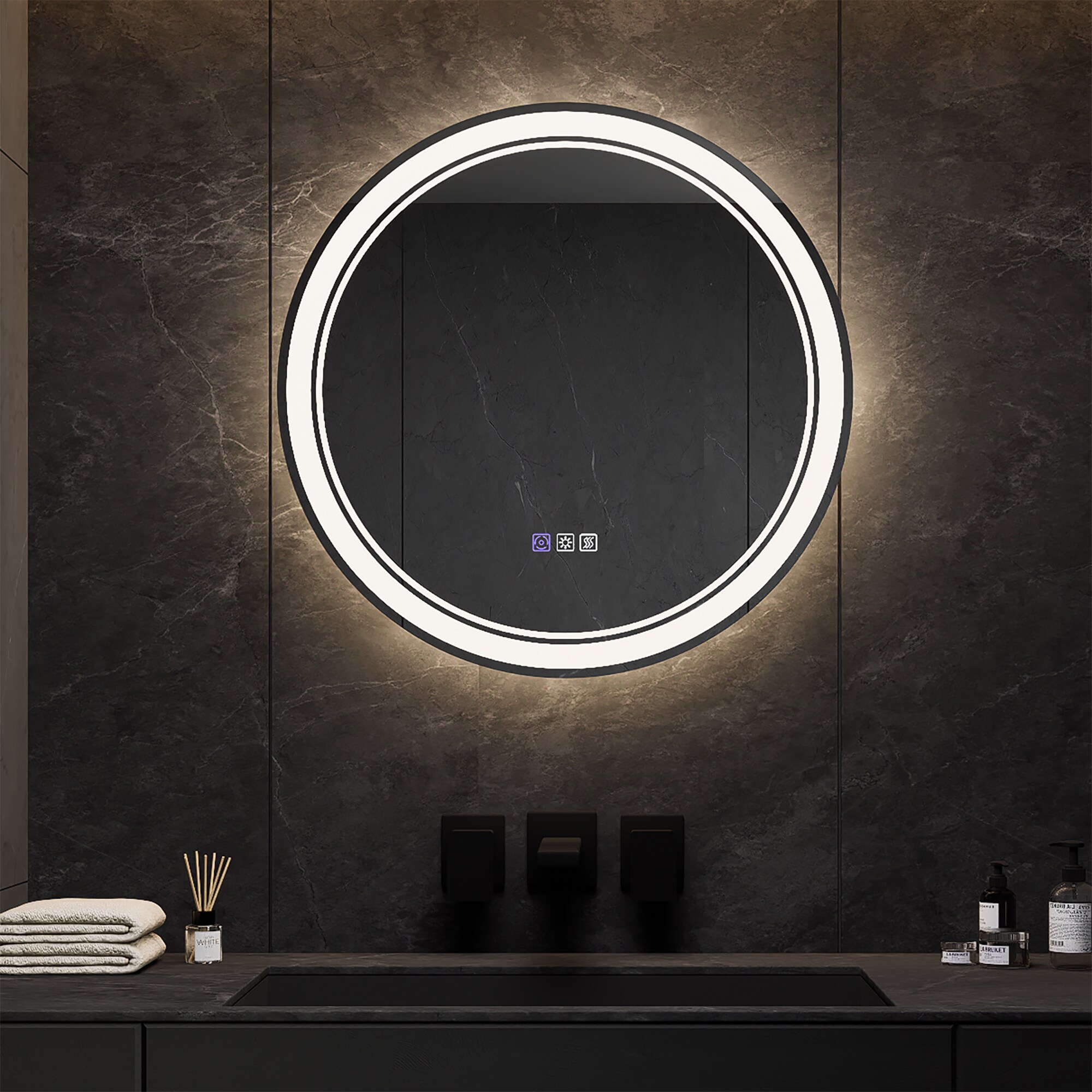 ExBrite EXBM2424V11MBX 24-in x 24-in Polished Frameless Round Dimmable LED Lighted Fog Free Bathroom Vanity Mirror ( White )