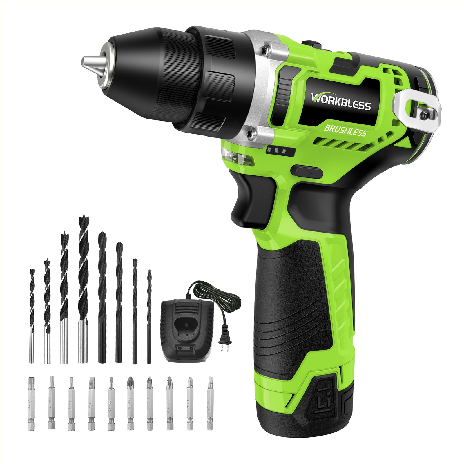 Unique Bargains 12V Cordless Drill Brushless Power Drill with LCD Smart Display 29+1 Torque Setting 3/8 Inch Keyless Chuck 18pcs Drilling/Driver Bits 2.0Ah Battery and Charger Included(Green) #S26032301UX5020