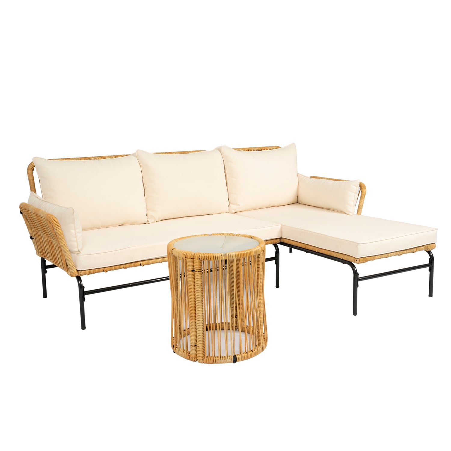 Bybafun YB6700011 Wicker Outdoor Sectional with Beige Cushions and Wicker Frame