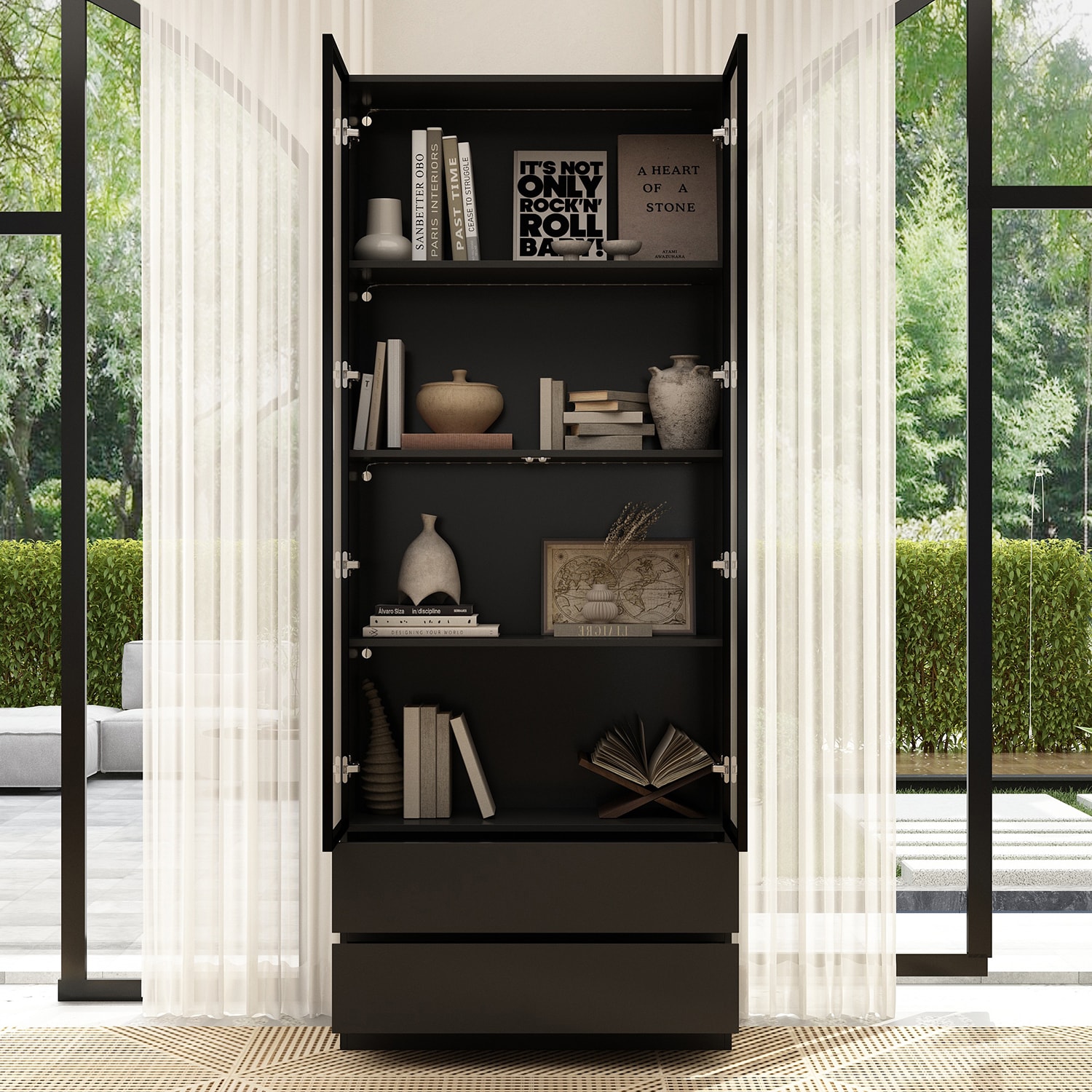FUFU&GAGA Black Mdf 4-Shelf Bookcase with Doors (31.5-in W x