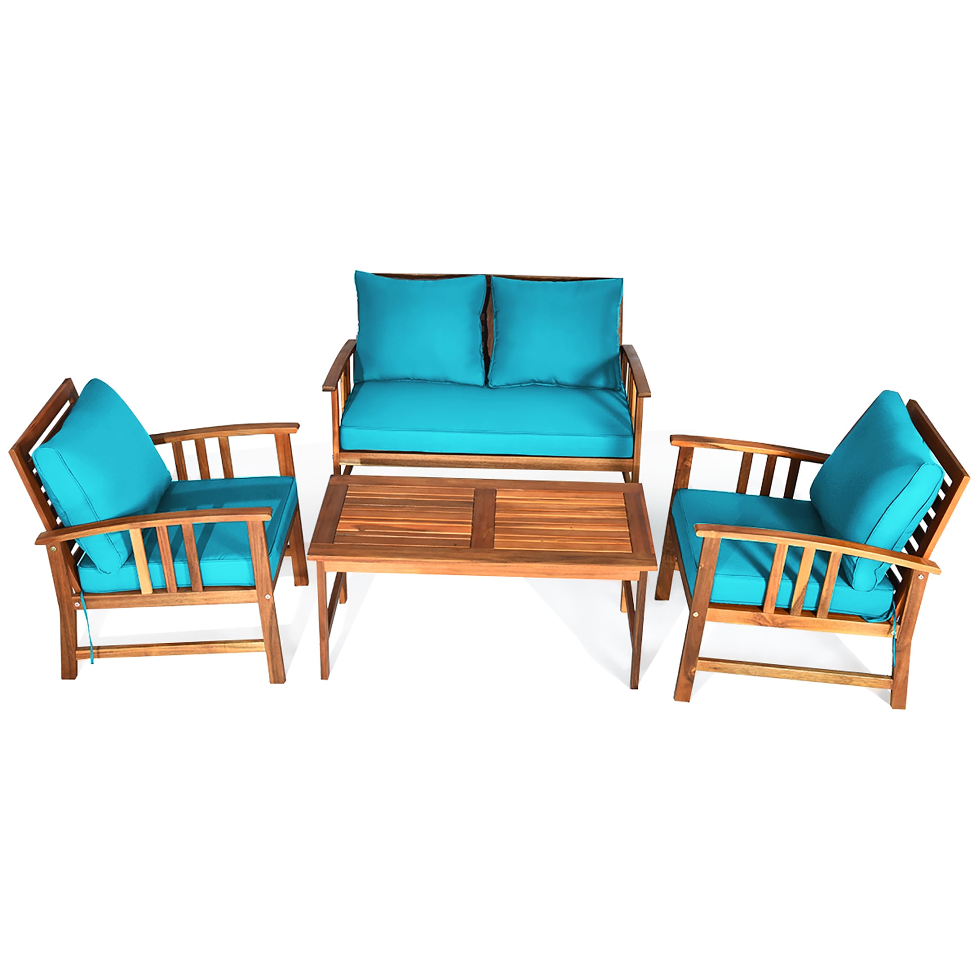 Costway HW62425TU+ 4 -Piece Patio Conversation Set with Blue Cushions