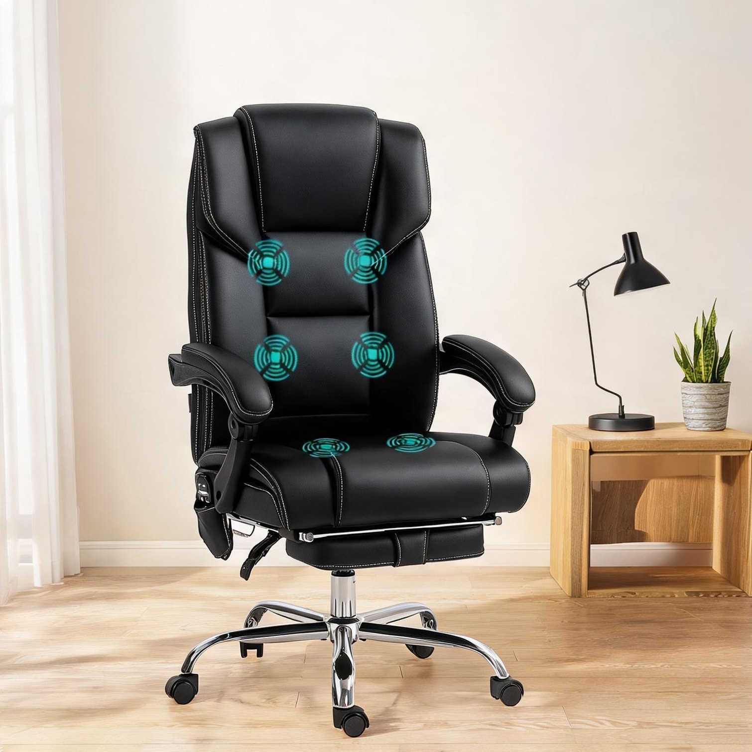 sunjurt Office Chairs in Black PU Leather with Reclining Seat Metal Frame Swivel Seat and Adjustable Design 26.4 x 25.6 x 48.4 in