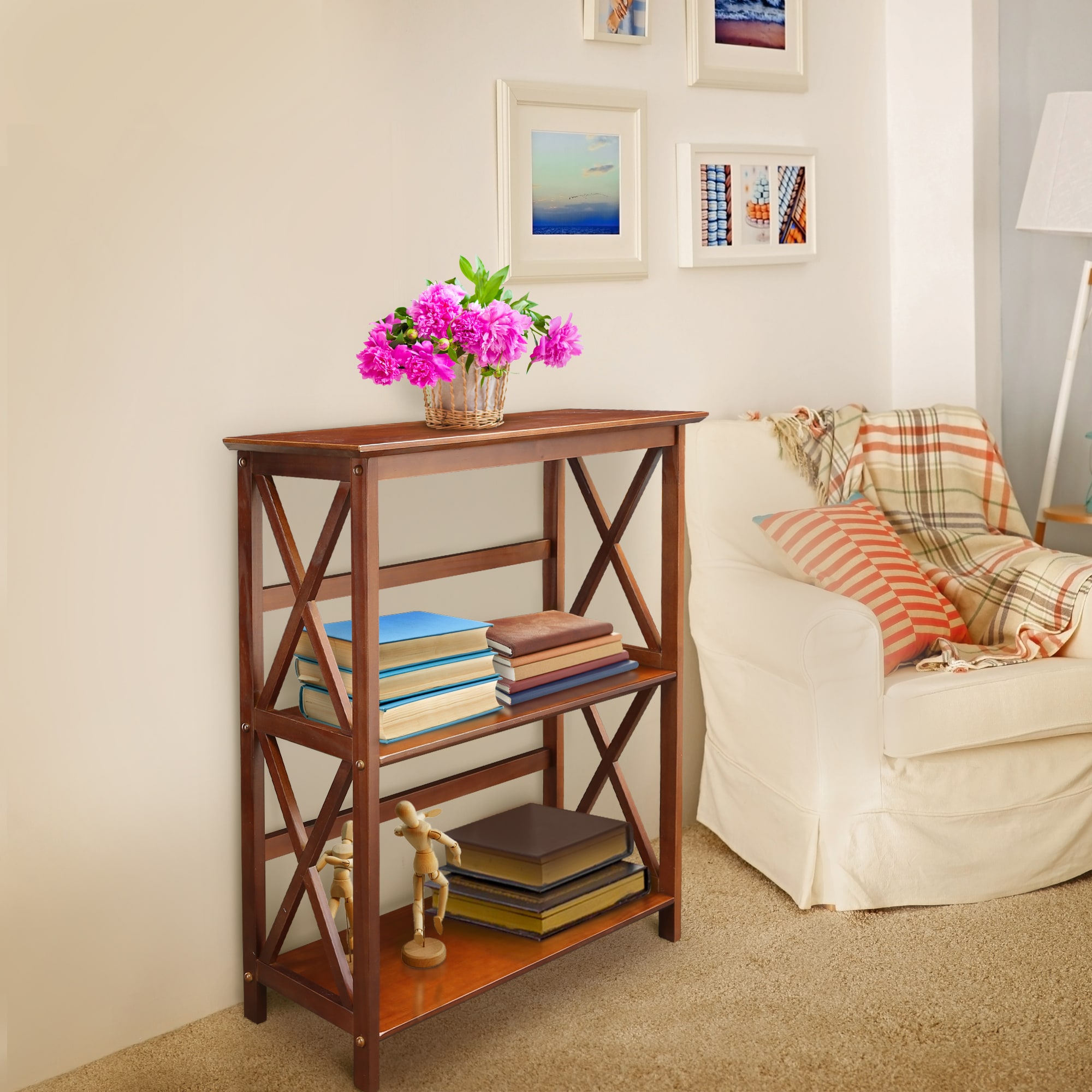Contemporary Walnut Wood Bookcase with X-Design Doors