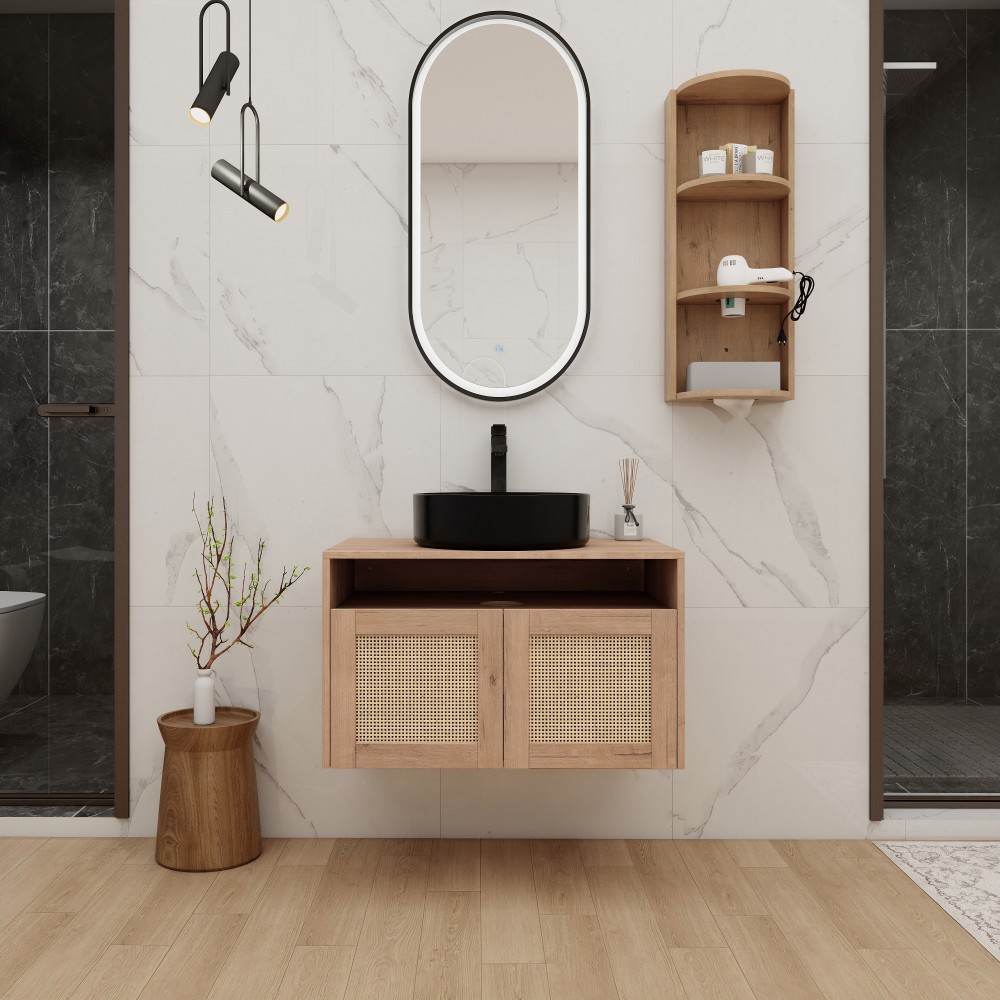 Basdien 29 in Brown Wall Mount Vanity Sink Storage Rack Double Soft Close Doors Plywood Construction KD Packing Set Easy Assembly Kit Modern Bathroom Design Water Resistant Melamine Hassle Free Setup Scratch Proof Surface Eco Friendly Material