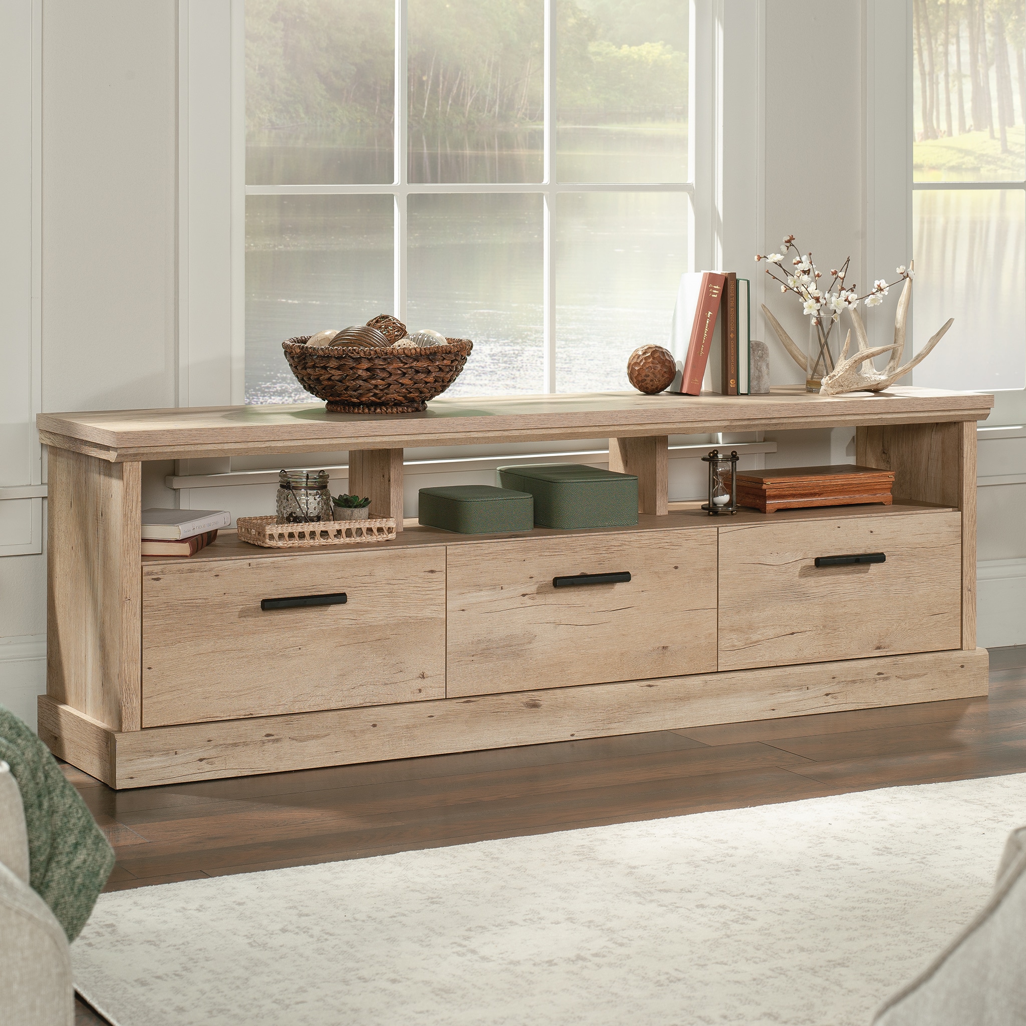 Prime Oak 70" Entertainment Credenza with Drawers and Cubbies