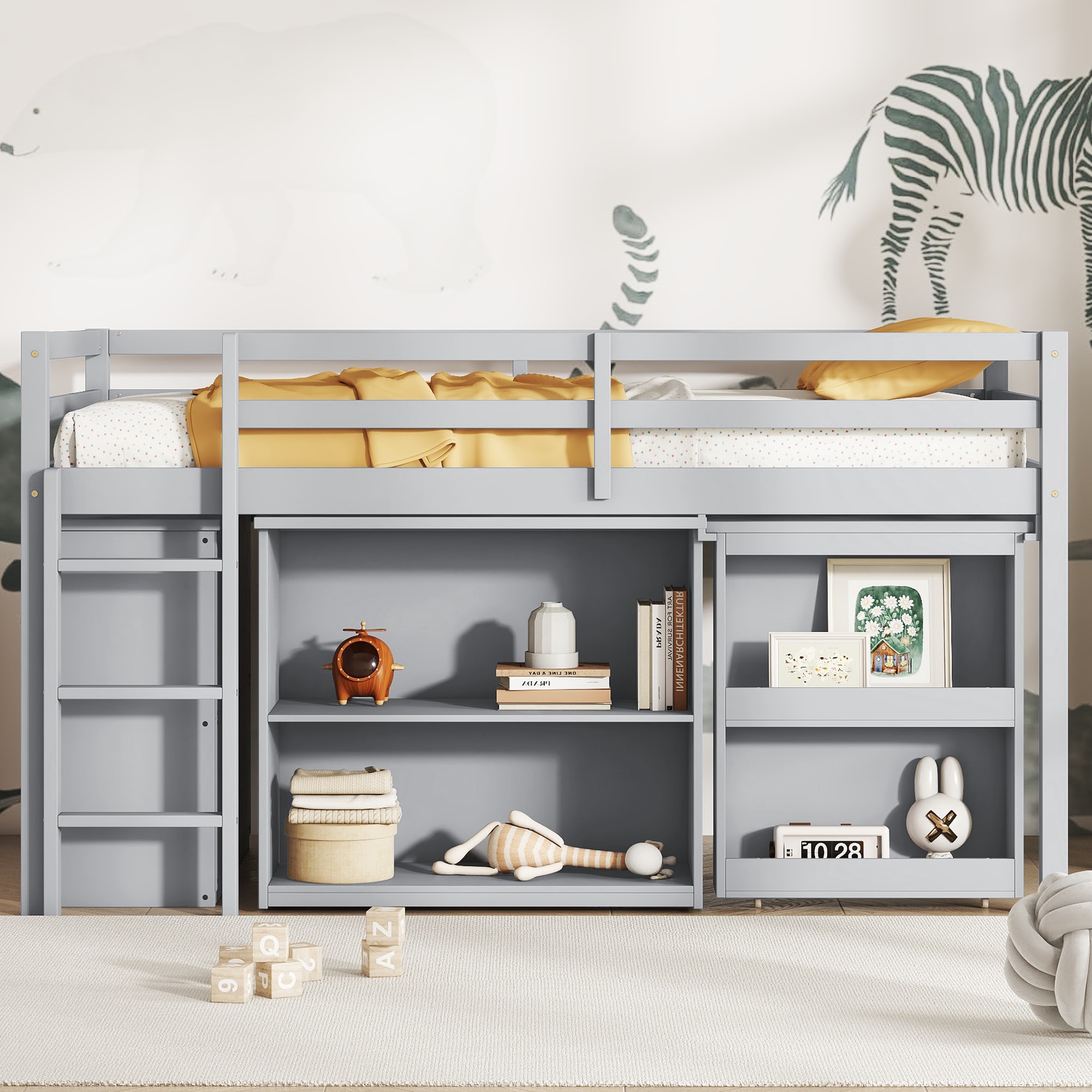 Bellemave - Twin Loft Bed with 3 Drawer Cabinet Shelf Cabinet Pull Out Desk Guardrail Ladder Grey