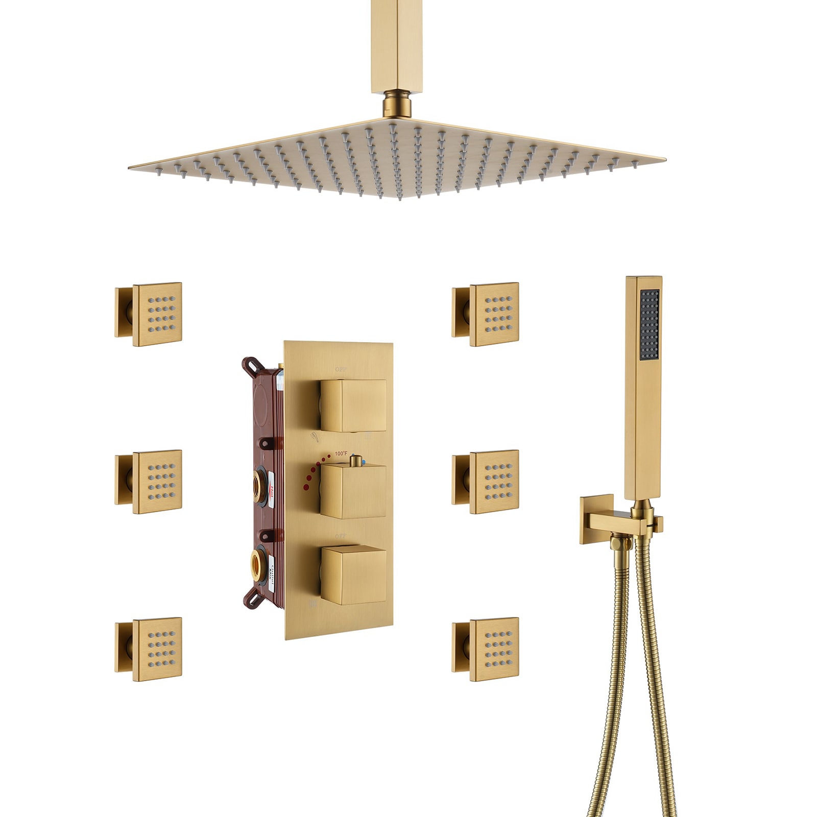 Mondawe MO-DT60168MB Brushed Gold 12-in Built-In Shower Faucet System with 3-way Diverter ( Thermostatic Valve Included )