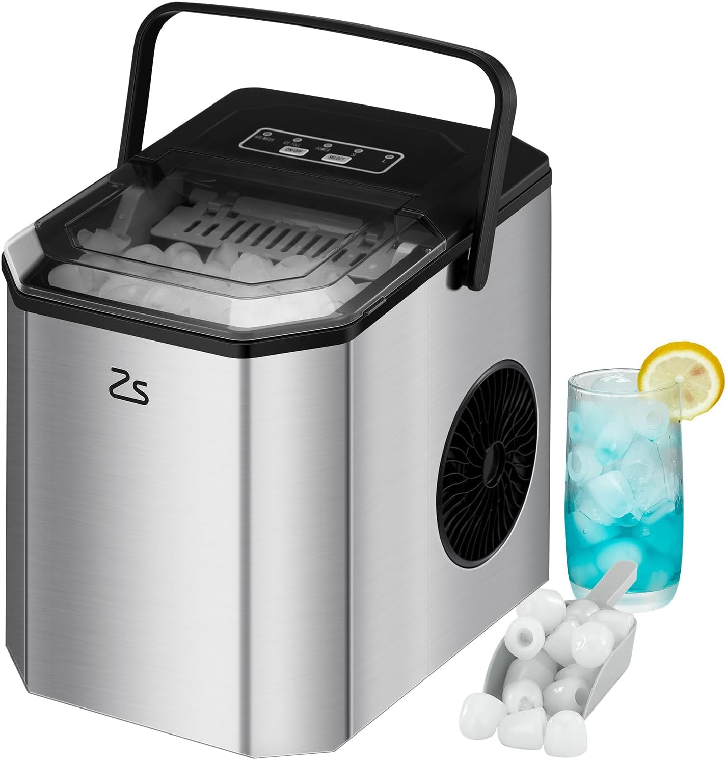Qeetex LHF-ZBJ-PHO-0XYW7OPD Countertop Ice Maker - Portable Ice Machine with Bullet Ice - 26 lbs/Day - Self-Cleaning - Quiet 45 dB Design - Ice Scoop and Basket Included - Stainless Steel for Kitchen/Office/Bar and Home