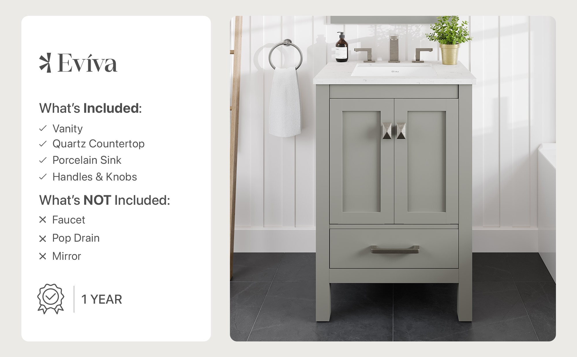 Gray Solid Wood Bathroom Vanity with White Quartz Top