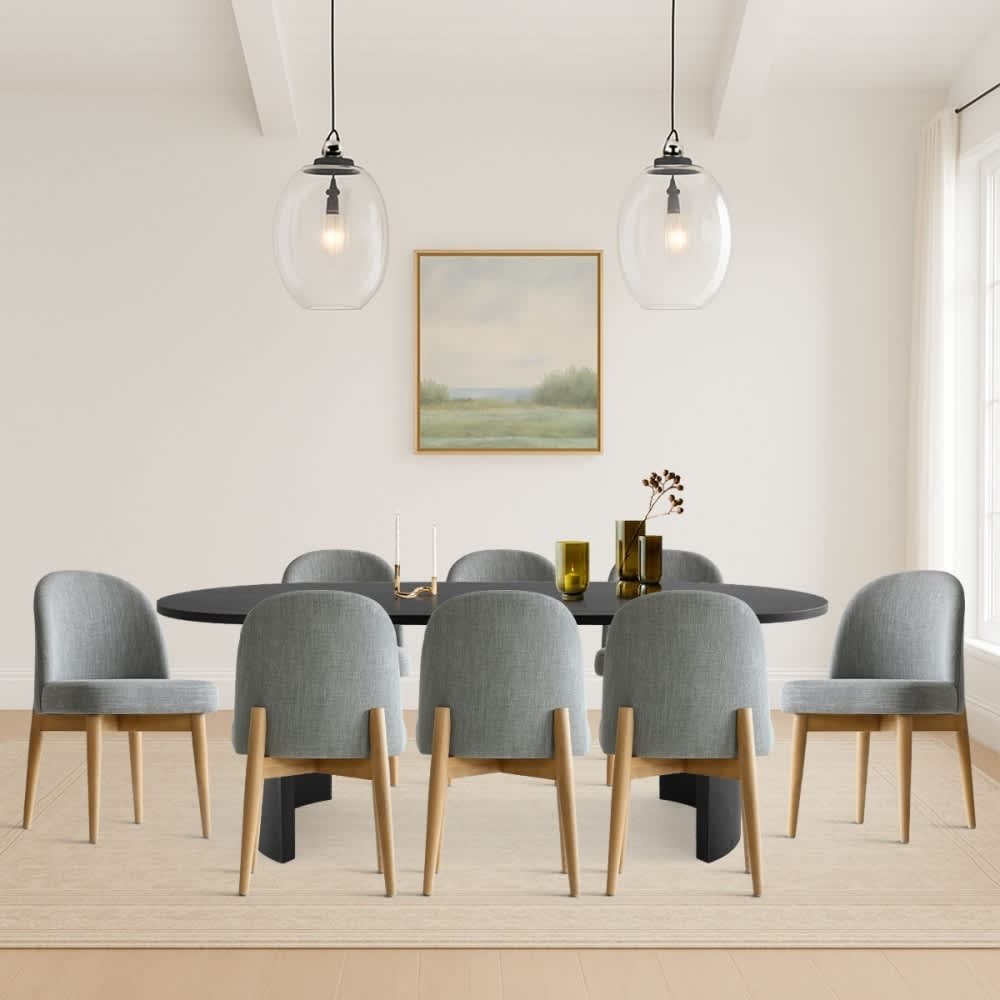 Maison Boucle DWEN79BK+HAVANAGREY8 9-Piece Modern Dining Set with Black Oval Table and Gray Linen Upholstered Dining Chairs for 8