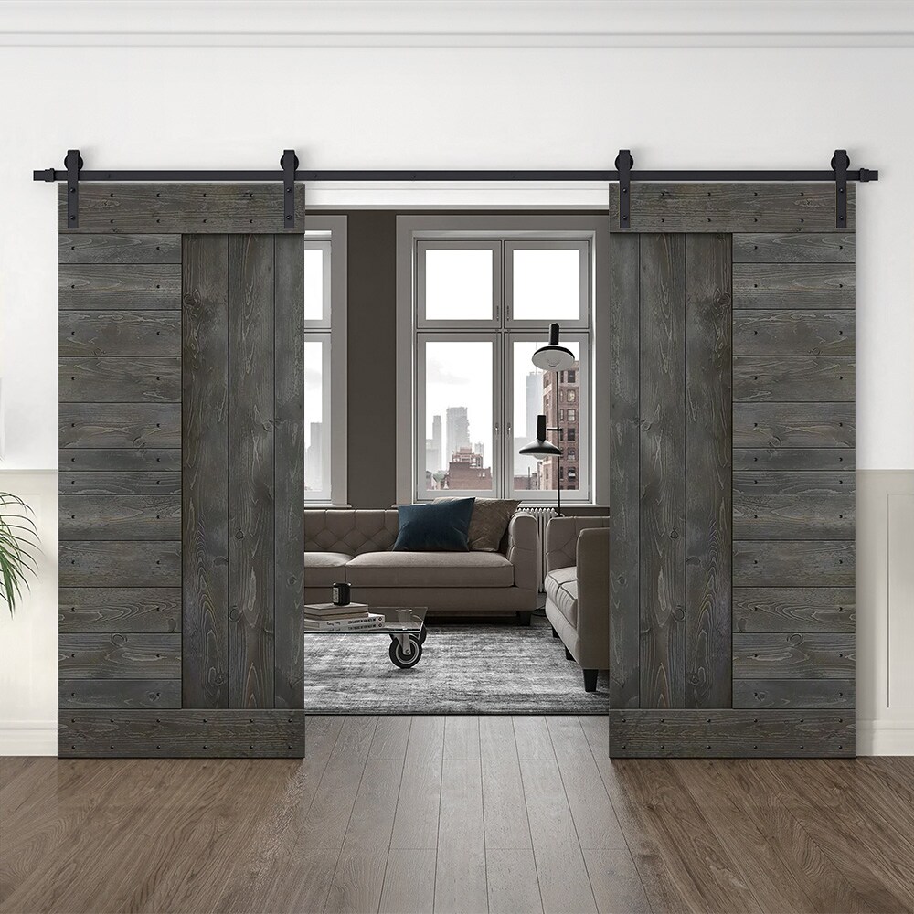 CALHOME 60-in x 84-in Carbon Gray Pine Wood Double Barn Door (Hardware ...