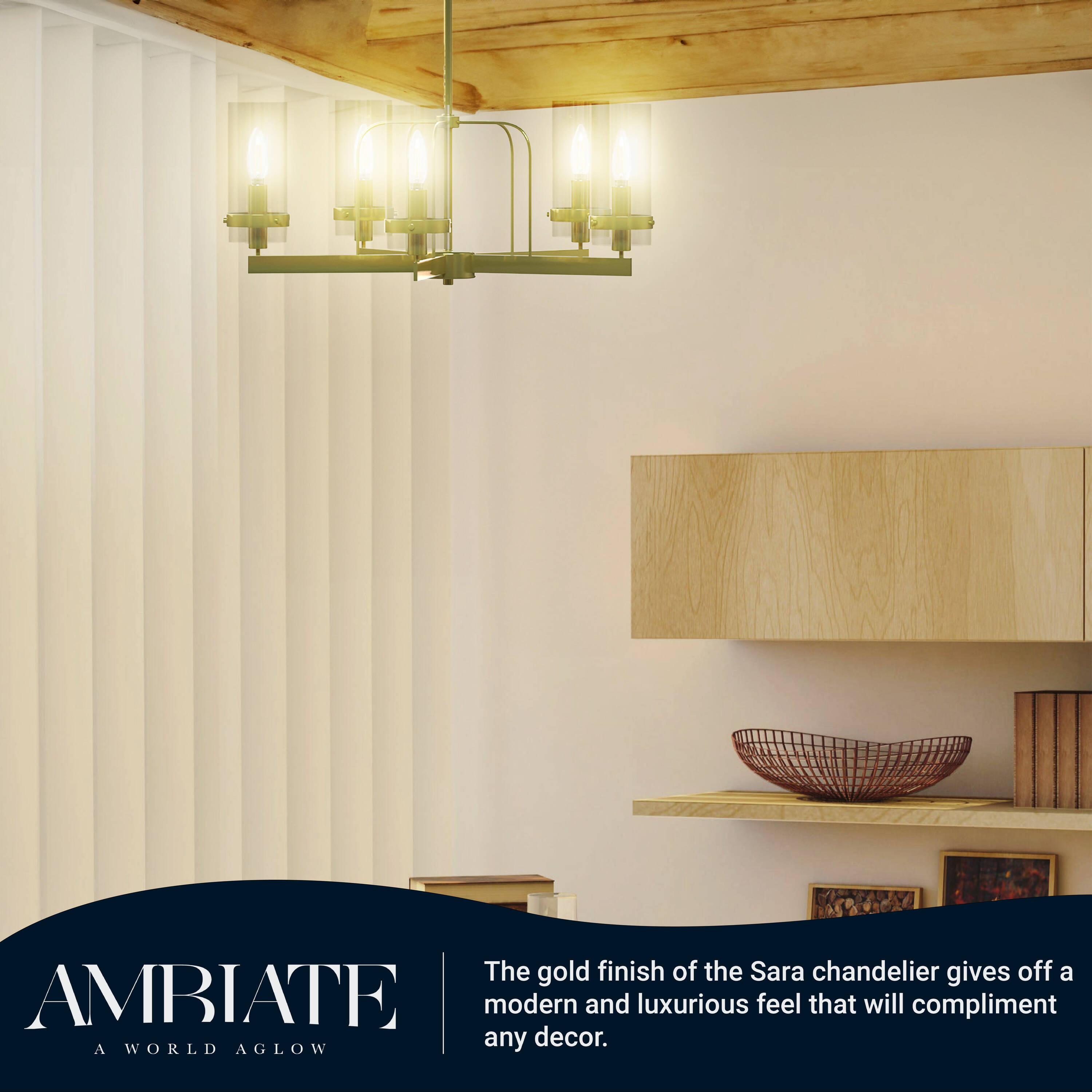 Sara Gold Finish 5-Light Chandelier with Glass Shades