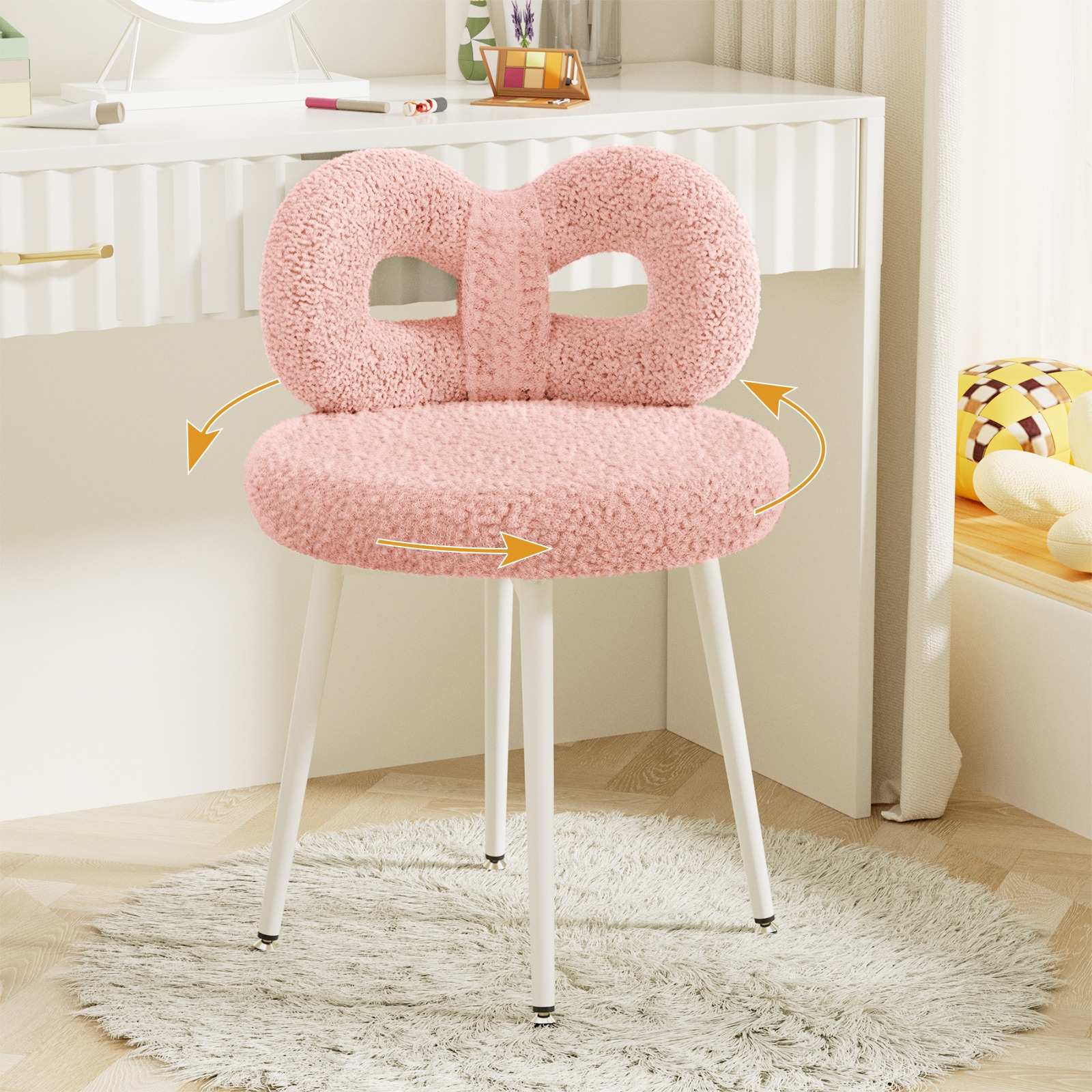 LOVMOR 760580585020 Vanity Chair with Back Swivel Makeup Chair No Wheels Bedroom Chair with Upholstered and Cute Bow Backrest