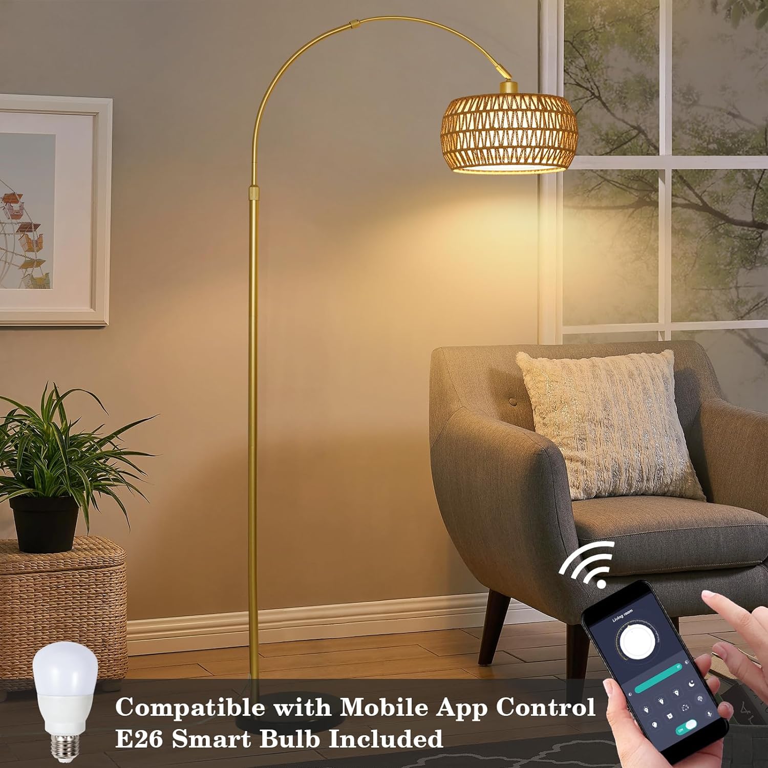 Forclover Floor Lamp 65-in Brown+Golden Standard Floor Lamp with Rattan Shade