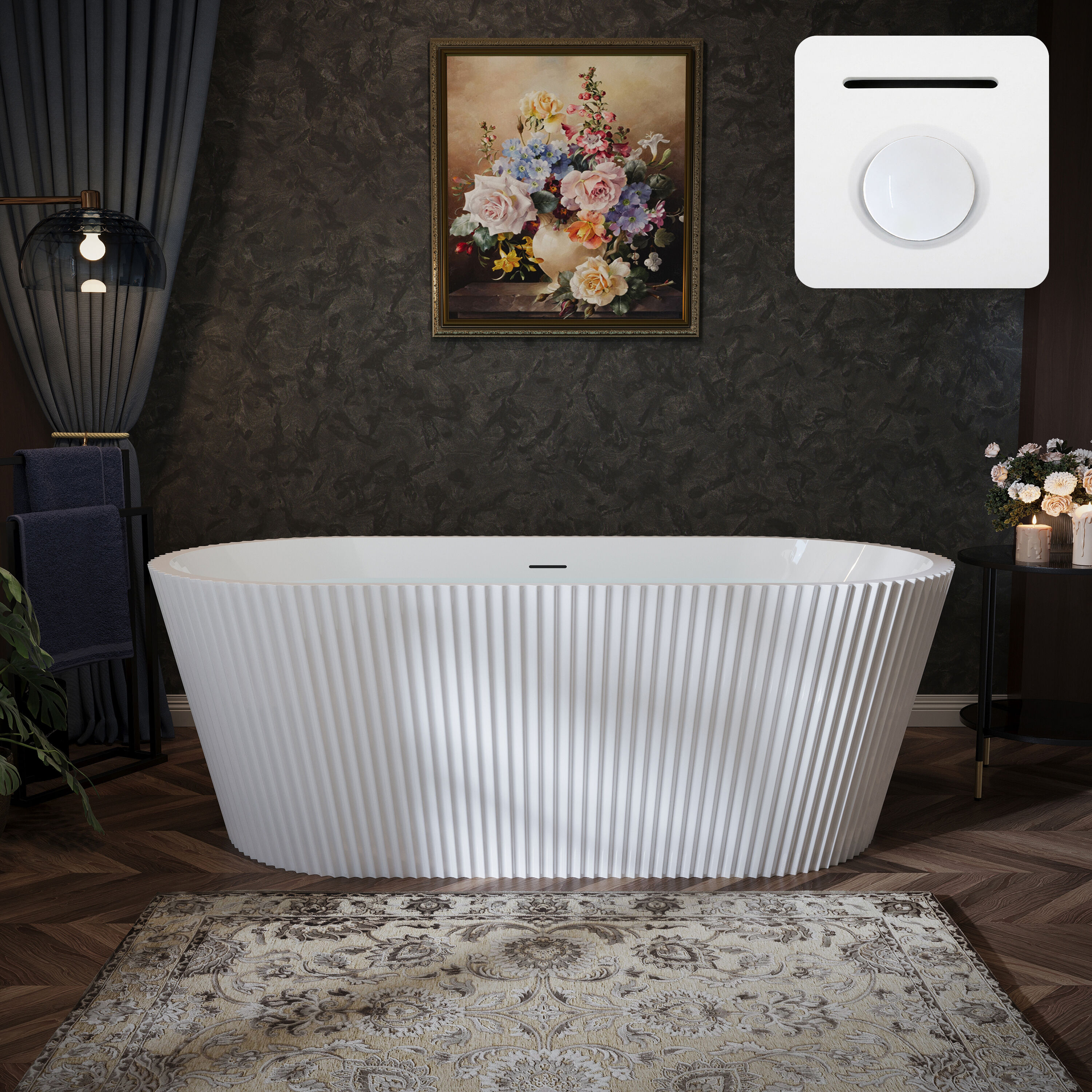 POCCI 67 Inch Freestanding Bathtub Fluted Oval Acrylic Soaking Tub Glossy White with Pop Up Drain