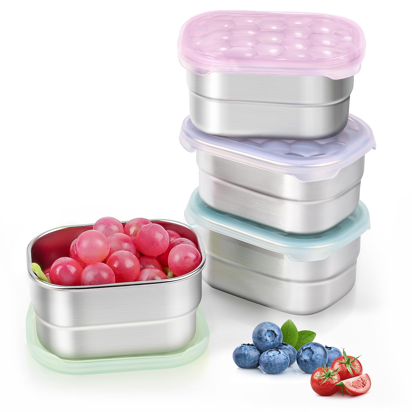 Linder Group Inc Stainless Steel Snack Containers for Kids Toddlers Ages 1 to 3 Set of 4 Leak Proof Silicone Lids Easy Open Dishwasher Safe Lunch Box for Daycare