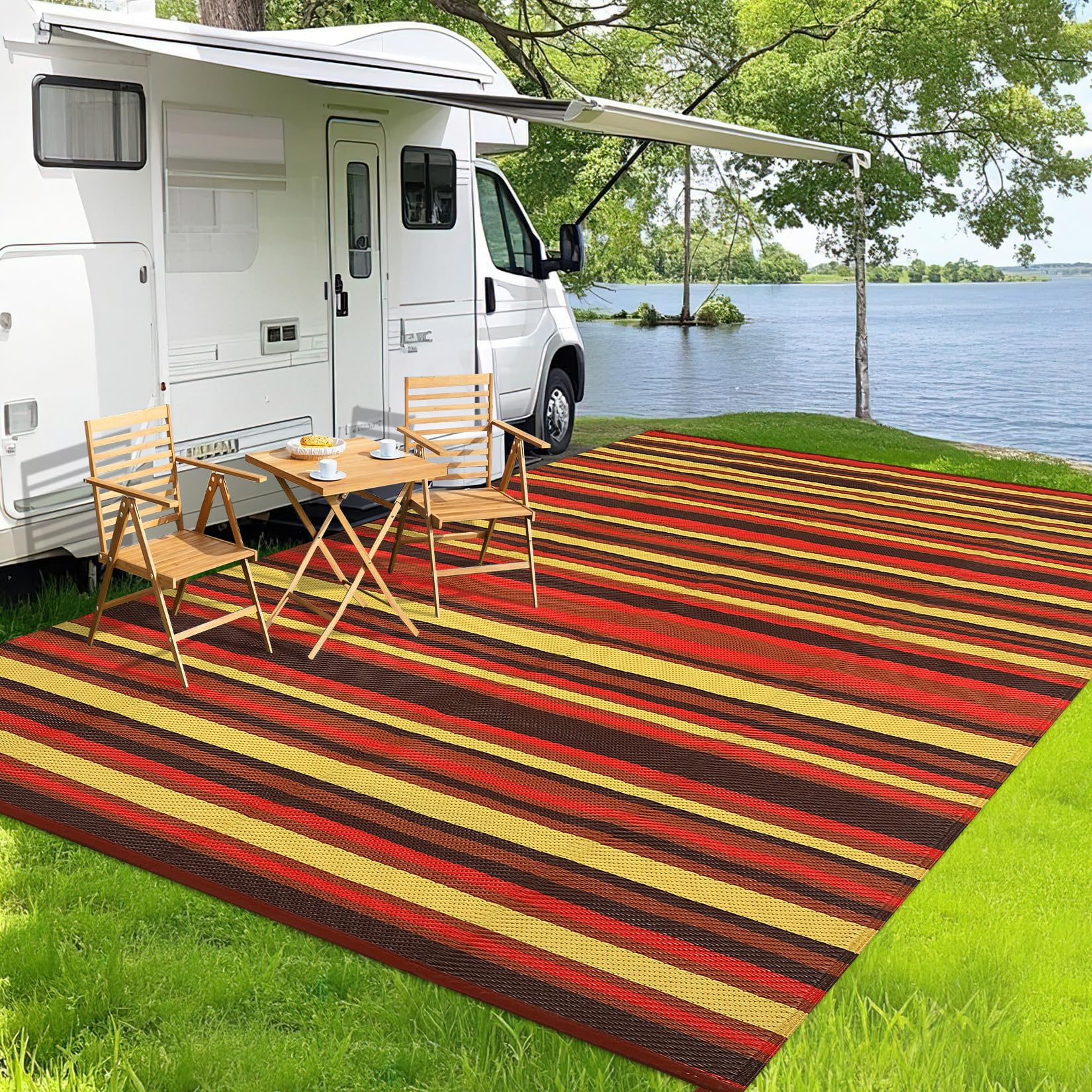 GarveeLife 9x18 Waterproof Reversible Outdoor Plastic Straw Rug Colorful Stripe Foldable Mat for RV Patio Camper Beach Red