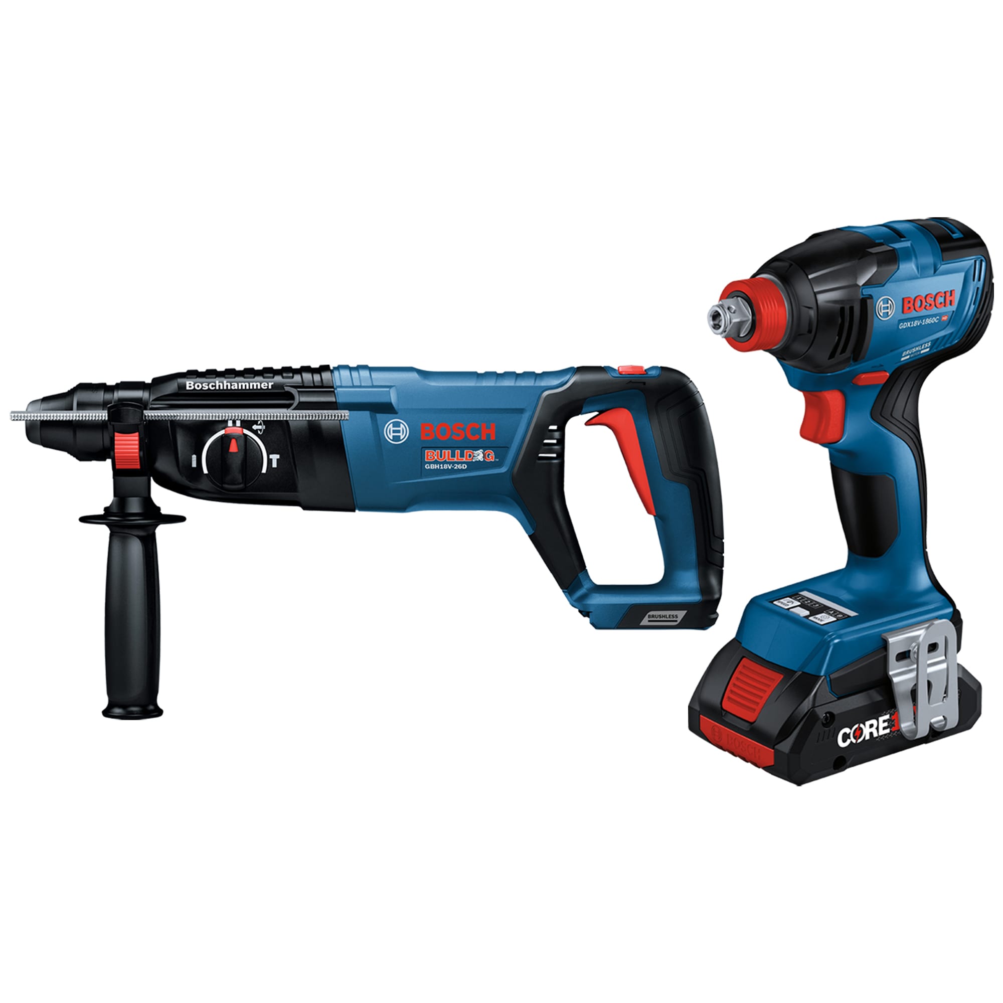 Bosch Bosch Bulldog 18V SDS-Plus Cordless Rotary Hammer Drill (Tool Only), & 1/4 In and 1/2 In Two-In-One Bit/Socket Impact Driver (Tool Only)