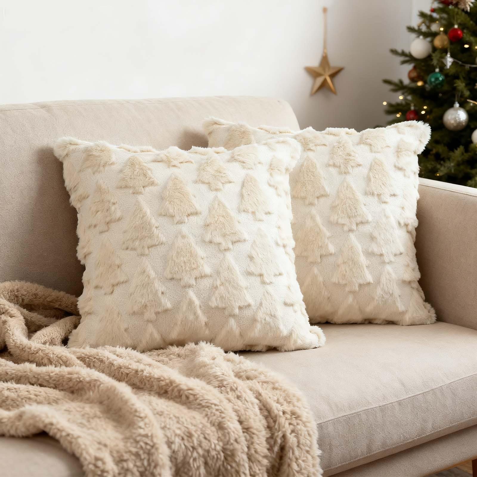 Justincity  Christmas Pillow Covers Set Soft Plush Faux Fur Wool Beige Tree Design Winter Holiday Decor for Sofa or Bed 18 x 18 Inches Set of