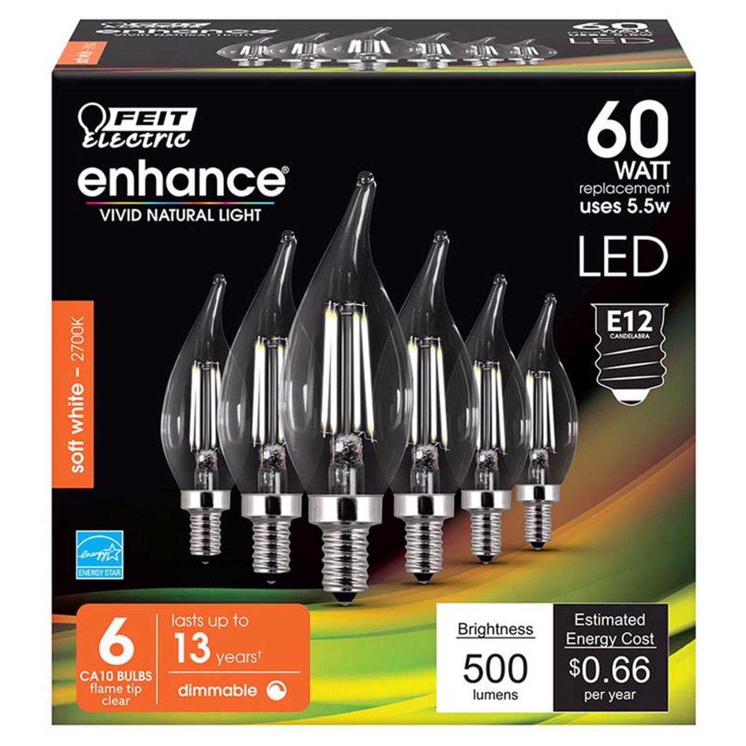 Feit Electric Feit Enhance CA10 (Flame Tip) E12 (Candelabra) Filament LED Bulb Soft White 60 Watt Equivalence 6 pk